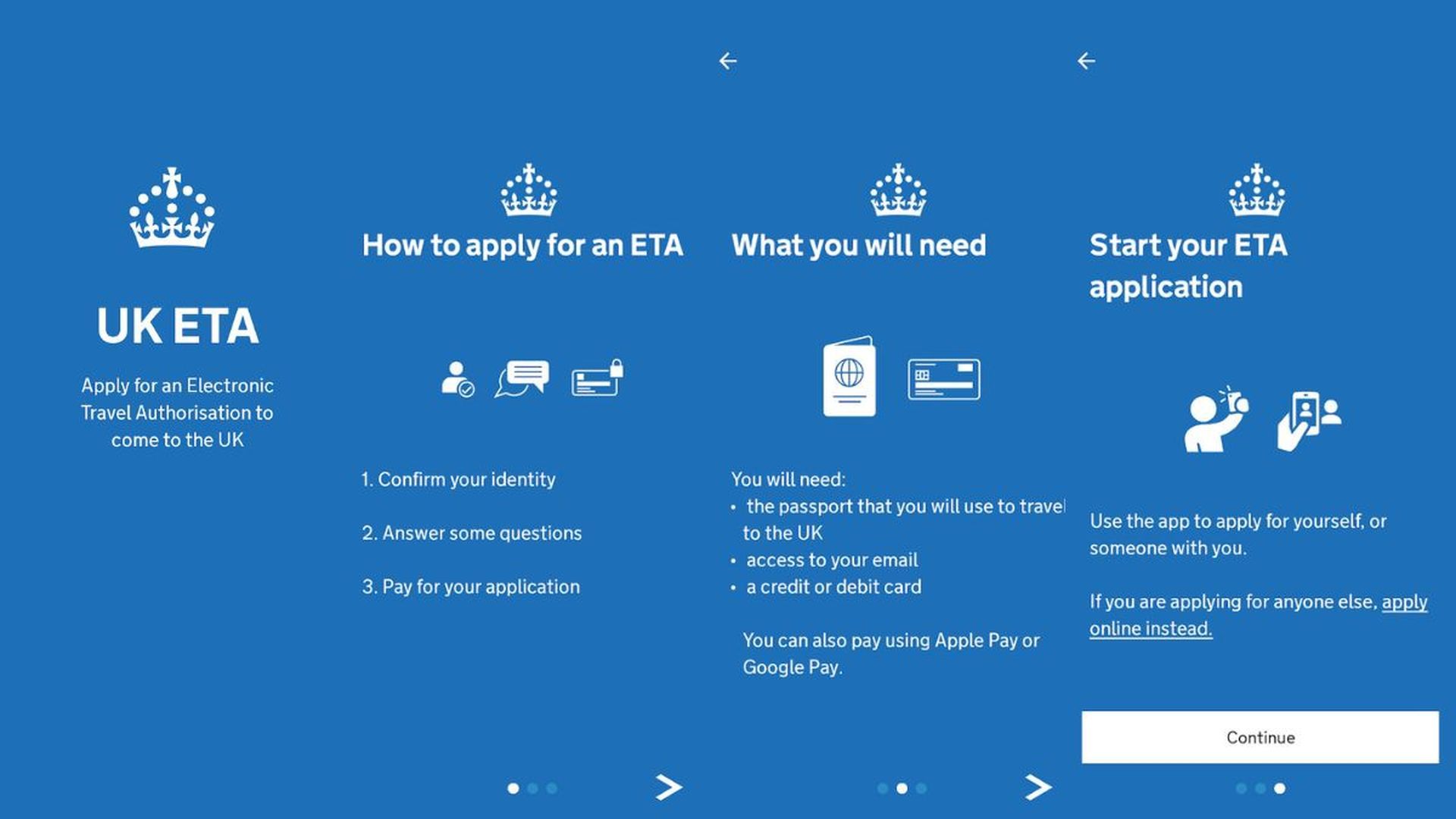 Pantallazos de la aplicación oficial para obtener la autorización para viajar al Reino Unido