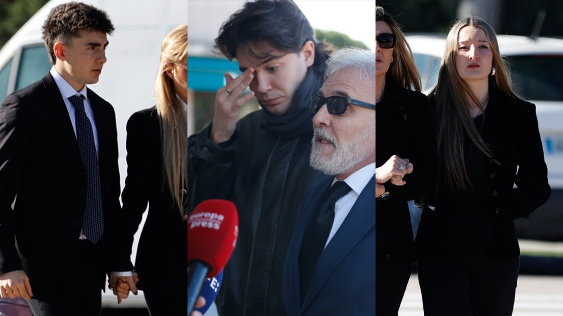 Leo Ayyashi, Manuel Guillén y Natalia Heredero, con sus respectivos progenitores, en la capilla ardiente de Gemma Cuervo