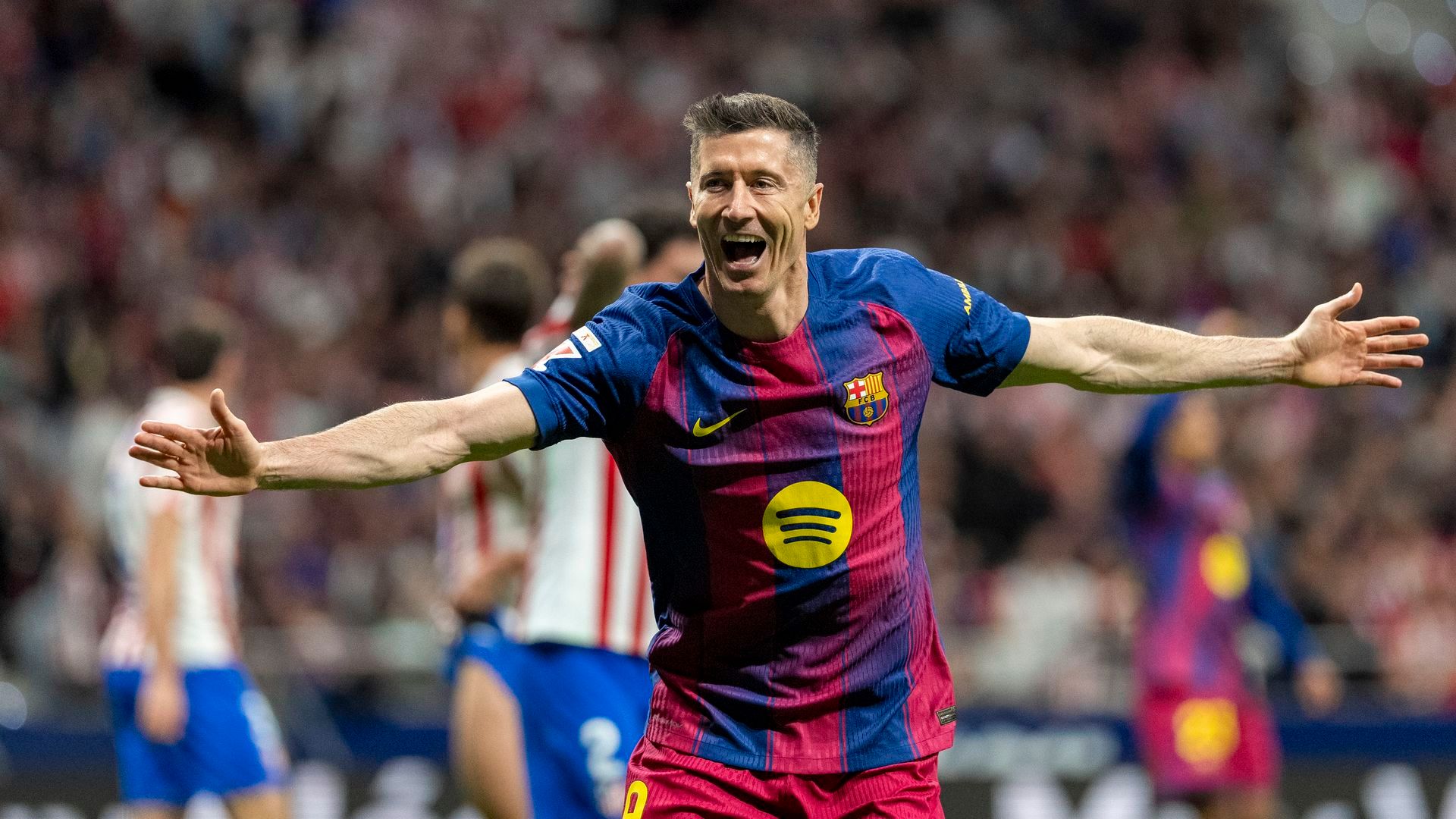 Lewandowski celebra su gol en el Atlético-Barça Lewandowski celebra su gol en el Atlético-Barça