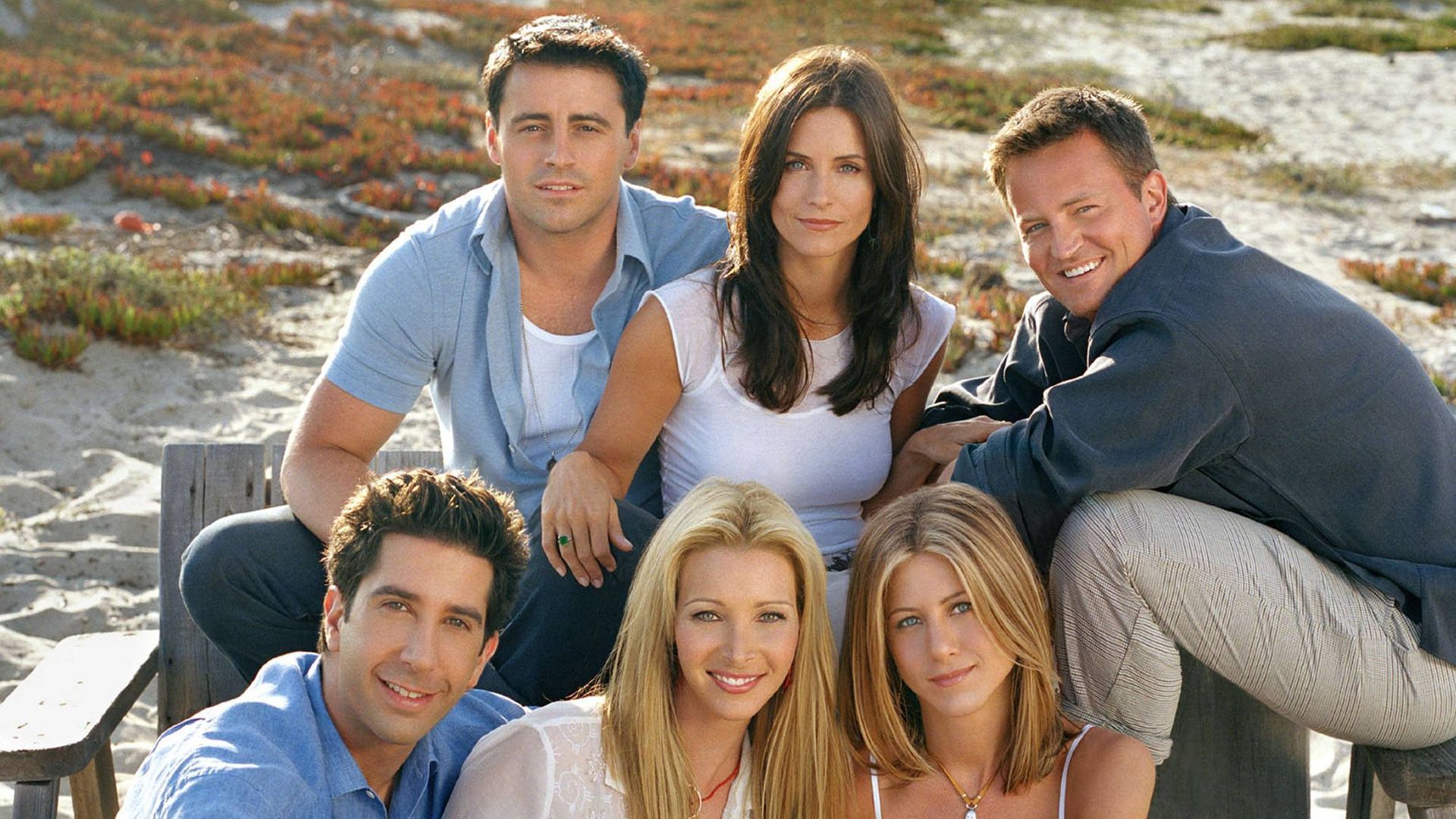 Matt LeBlanc, Courteney Cox, Matthew Perry, David Schwimmer, Lisa Kudrow y Jennifer Aniston, en 2001, promocionando 'Friends'
