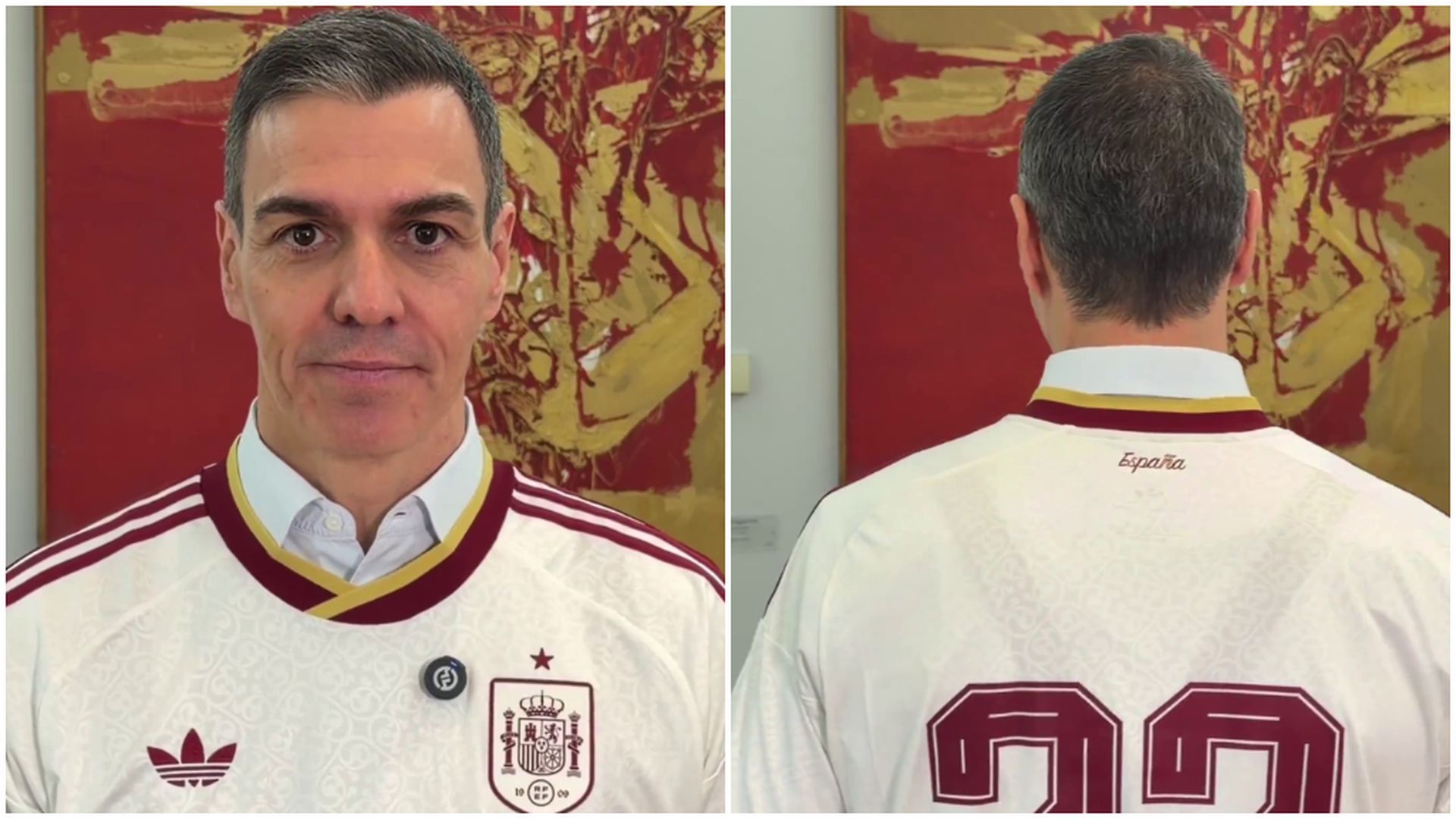 Pedro Sánchez posa con la nueva camiseta de la Selección Española