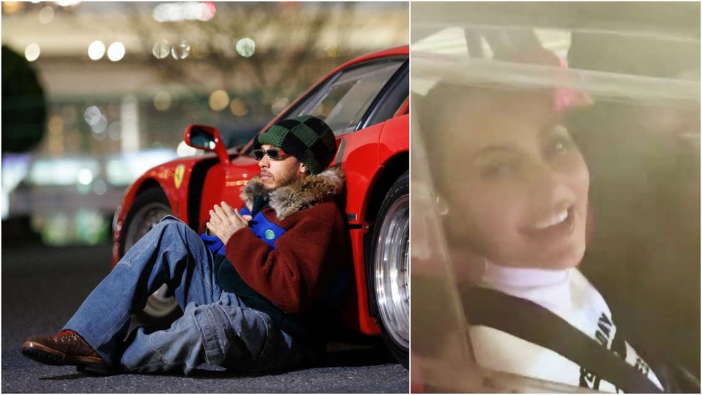 El espectacular Tokyo Drift de Lewis Hamilton: la cara de Kim Kardashian en el Ferrari F40 lo dice todo