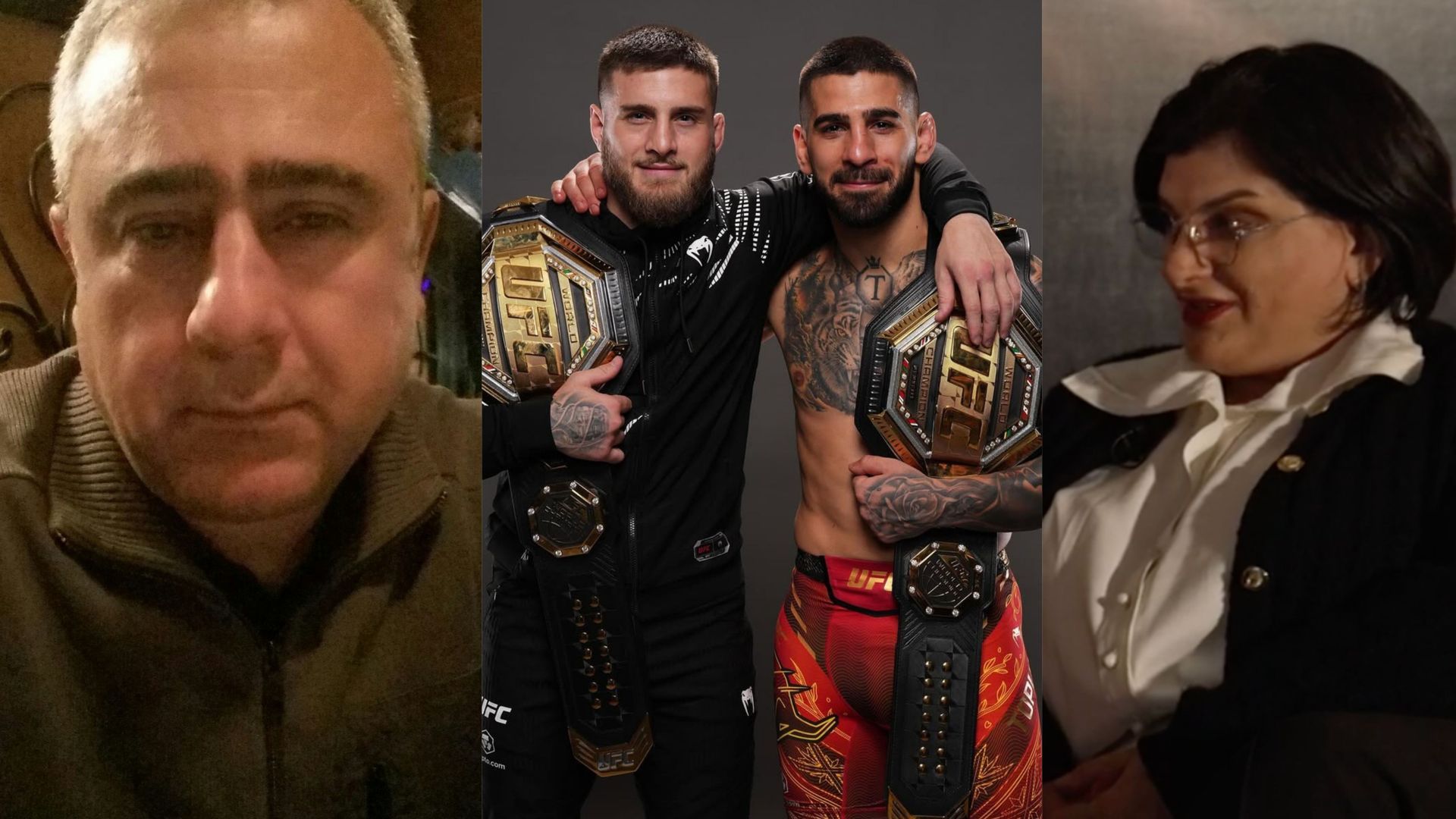 Ilia Topuria y su hermano Aleksandre (centro), el padre de ambos (izq.) y la madre (dcha.)