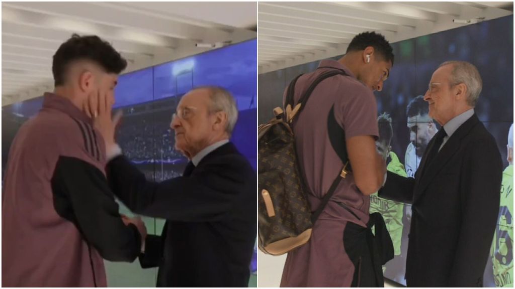 En vídeo, el recibimiento de Florentino en el Bernabéu: la torta a Valverde, la mirada a Bellingham o los abrazos