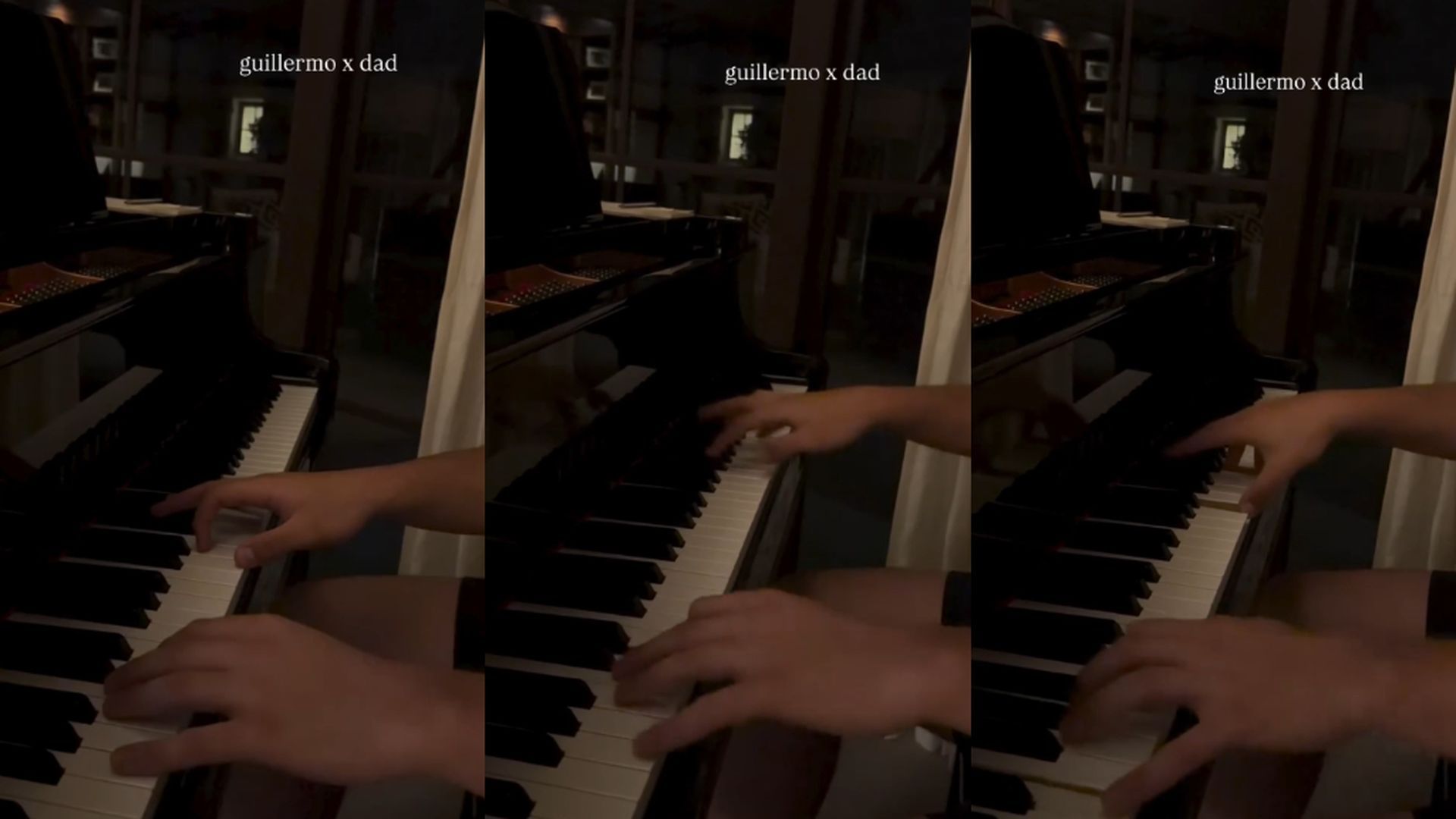 Victoria Iglesias muestra a su hermano, Guillermo Iglesias, tocando al piano una canción de su padre