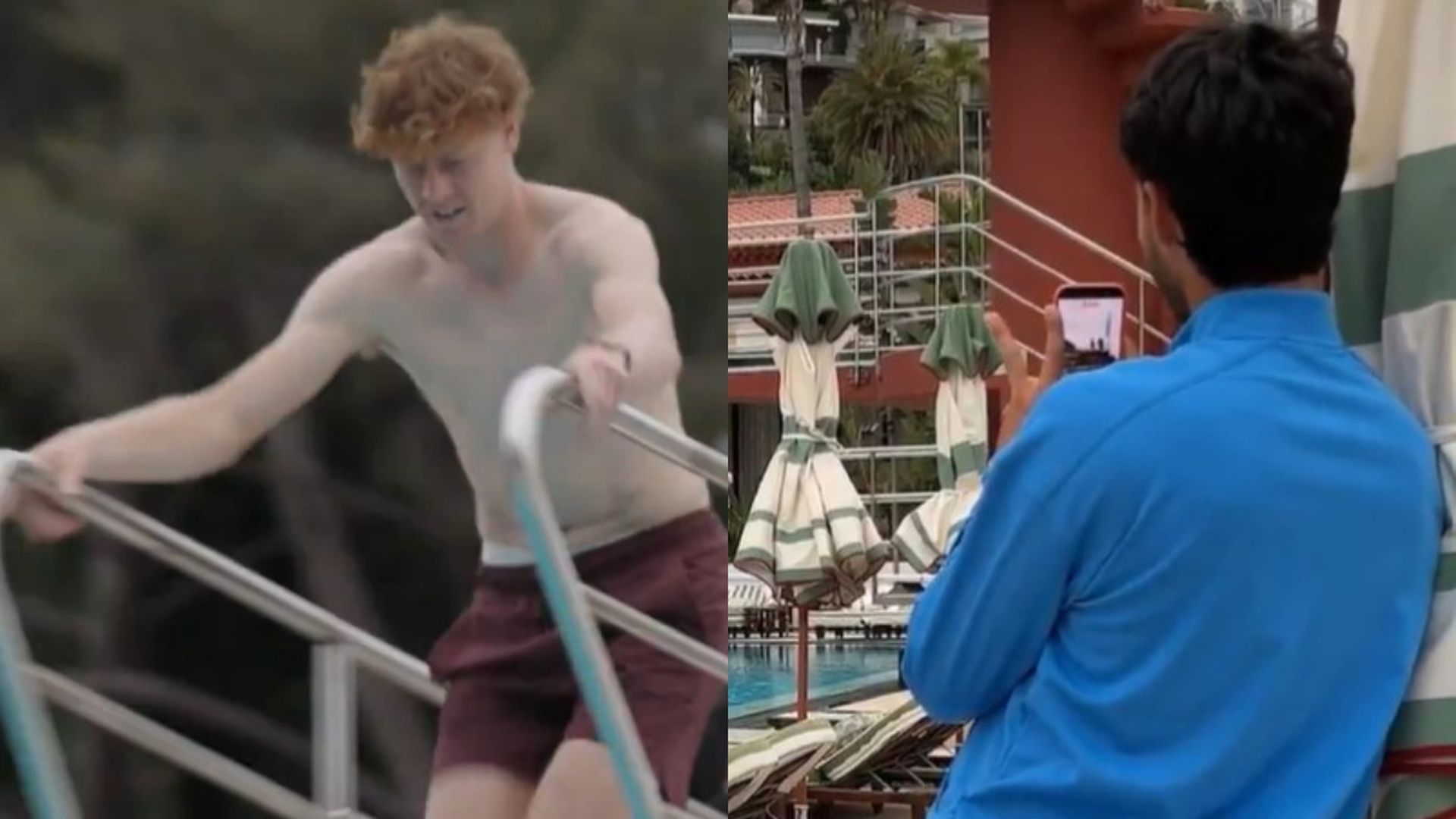 El piscinazo de Jannik Sinner con Carlos Alcaraz grabando