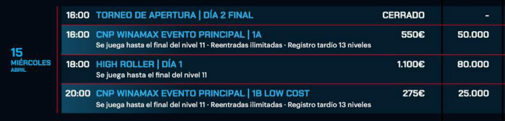 El menú del día del CNP Winamax Barcelona 2026