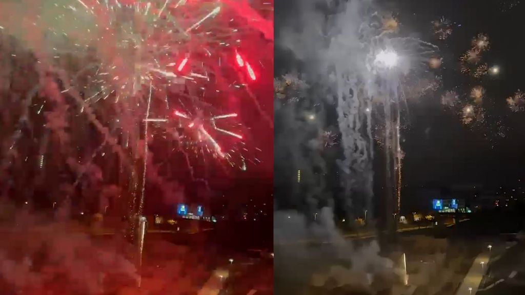Los aficionados del Bayern tiran petardos y fuegos artificiales en frente del hotel del Real Madrid