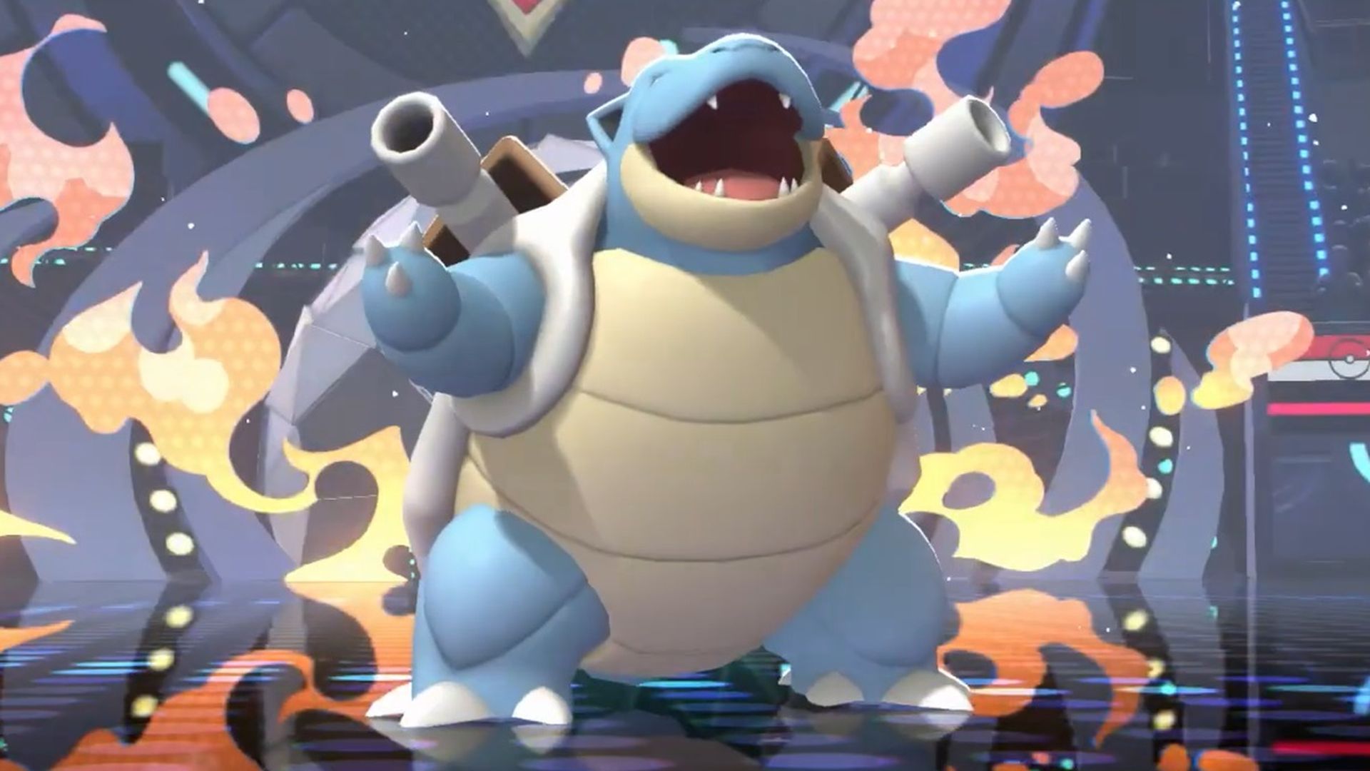 Blastoise en su aparición durante un combate de Pokémon Champions Blastoise en su aparición durante un combate de Pokémon Champions