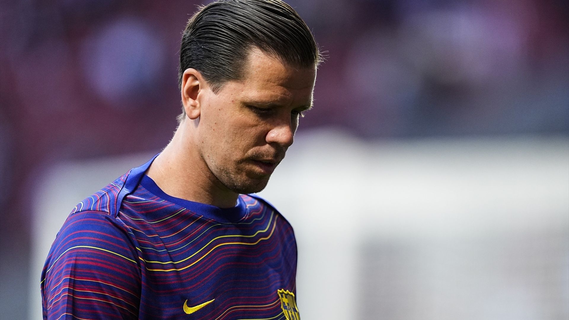 Wojciech Szczęsny en el calentamiento antes de un partido del FC Barcelona esta temporada