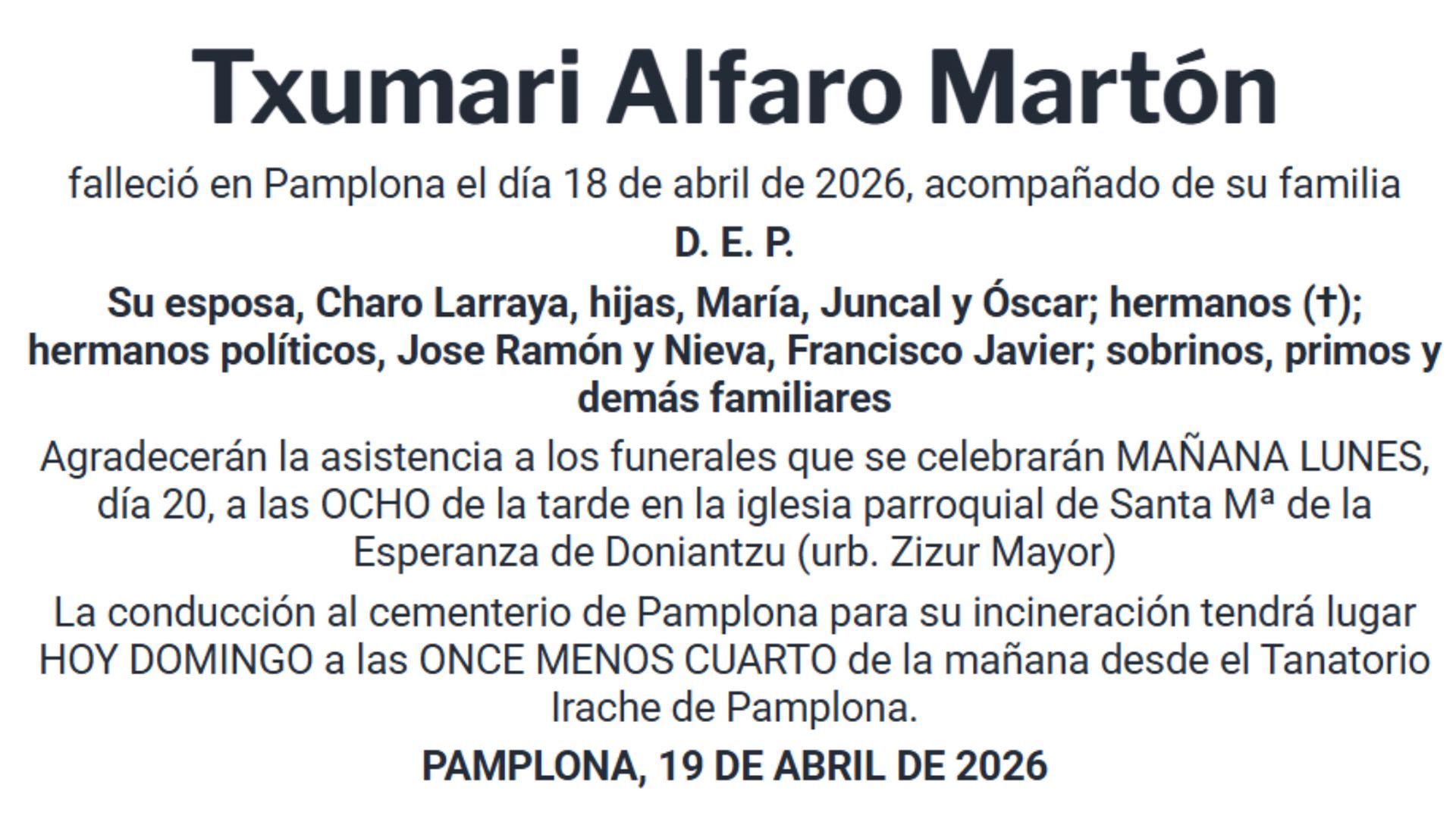 La esquela de Txumari Alfaro Martón