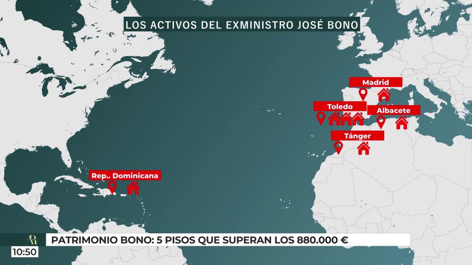 Mapa en el que se localiza cómo está repartido el Patrimonio de José Bono