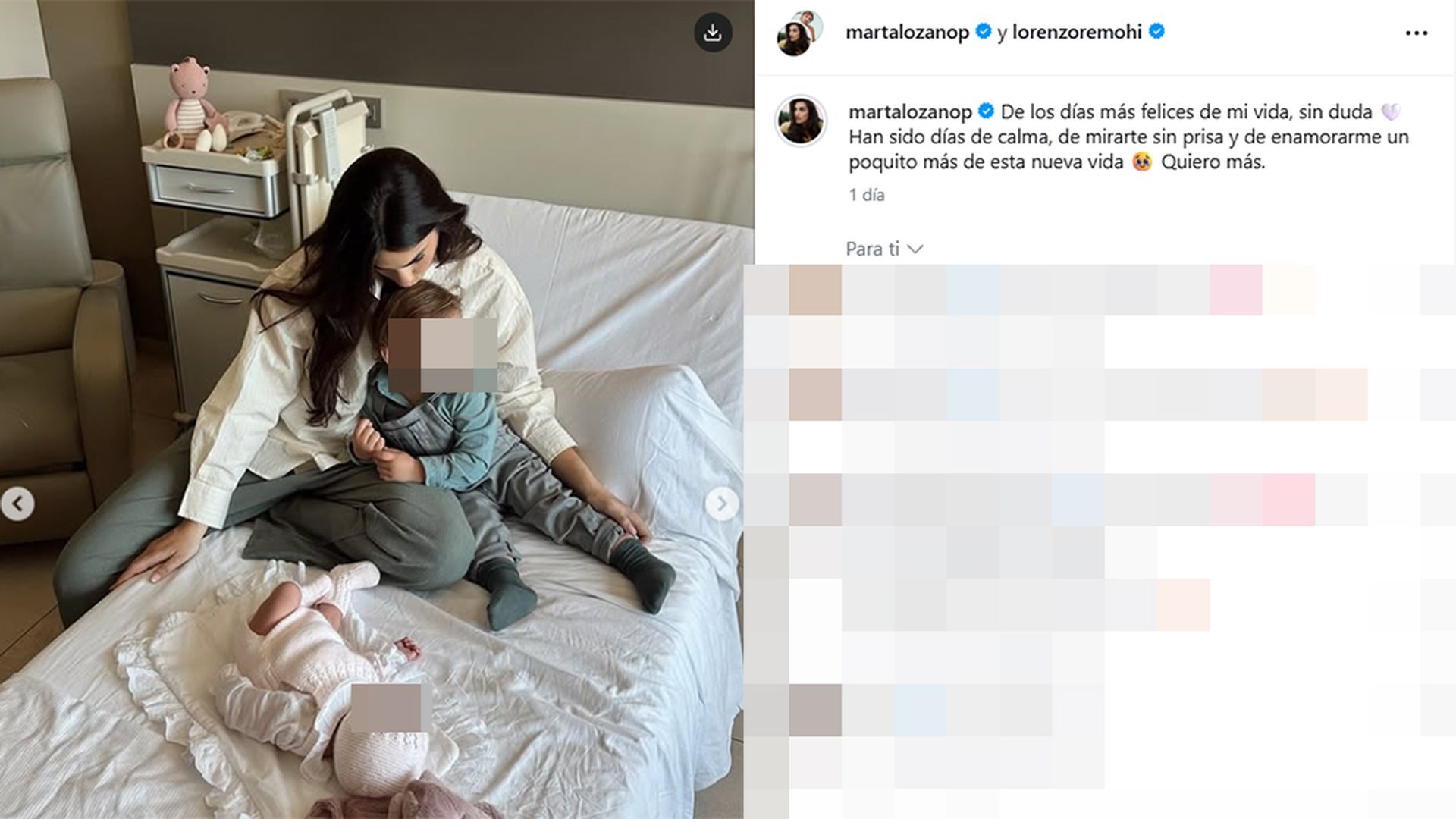 Marta Lozano, con sus dos hijos tras dar a luz