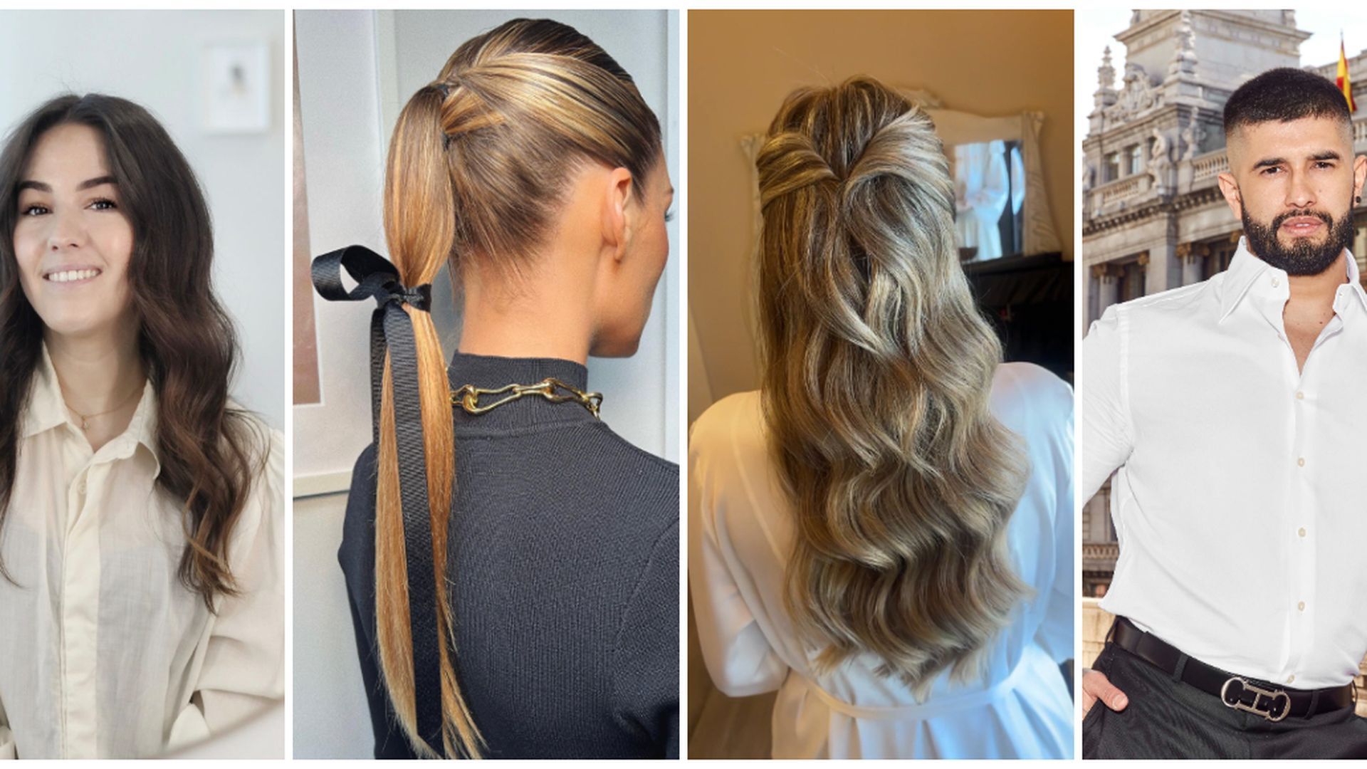 De izquierda a derecha: la estilista Paula Guzmán, peinados para invitada a una boda y el estilista Pablo Bogado