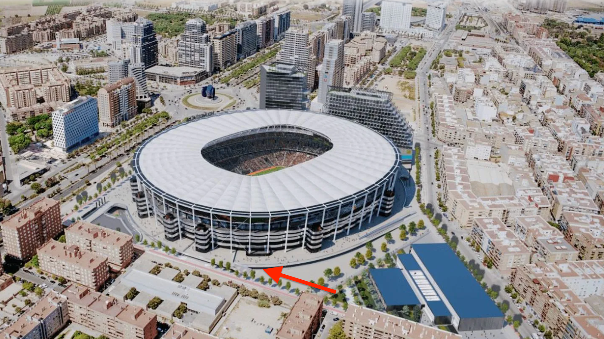 Nou Mestalla en 2026, zona de acceso de los aficionados rivales