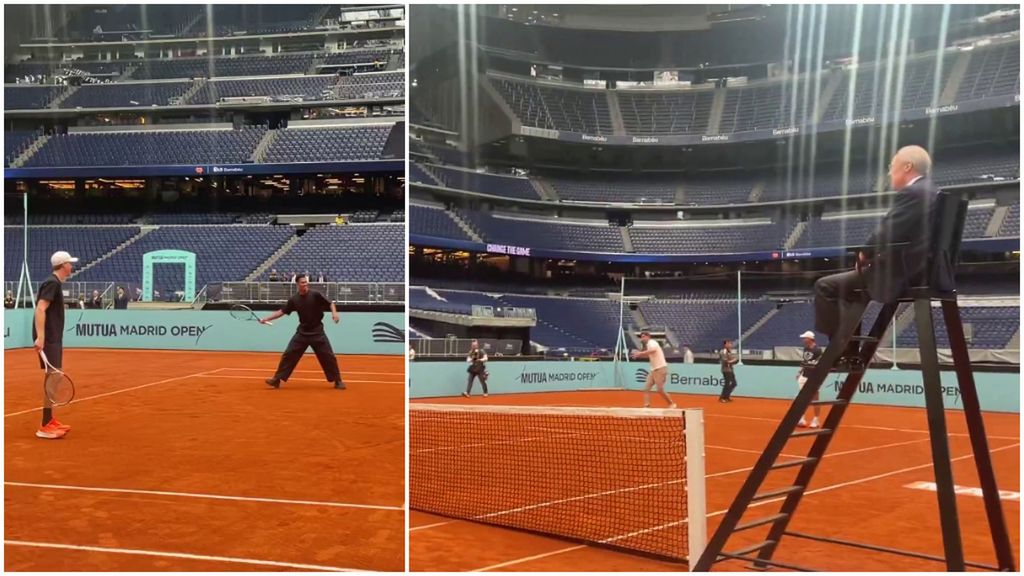 Sinner, Bellingham, Rafa Nadal y Courtois echan un partido de tenis en el Bernabéu con Florentino Pérez de juez de silla