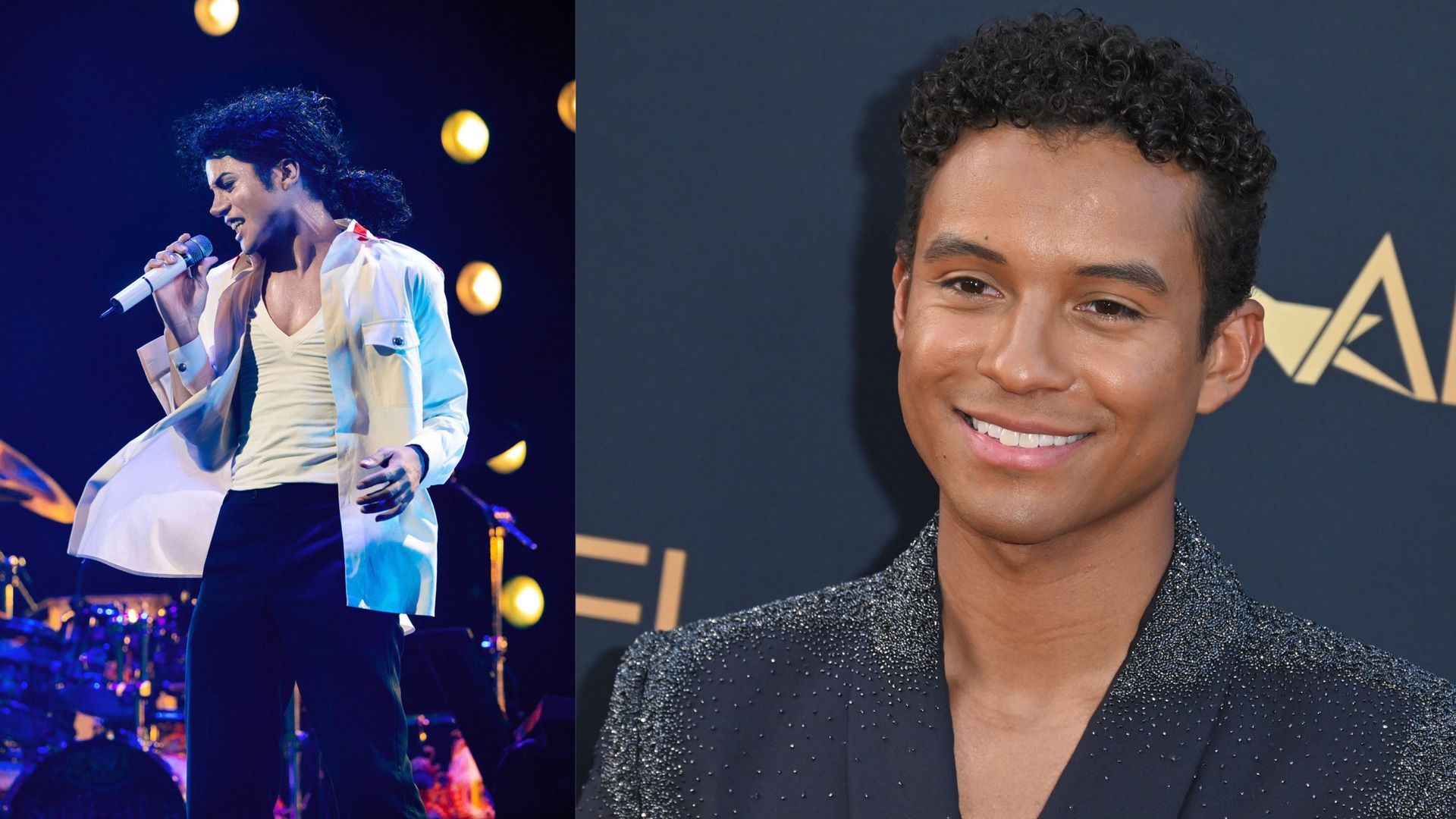 Jaafar Jackson, a la izquierda, caracterizado como Michael Jackson y a la derecha, en un evento público reciente