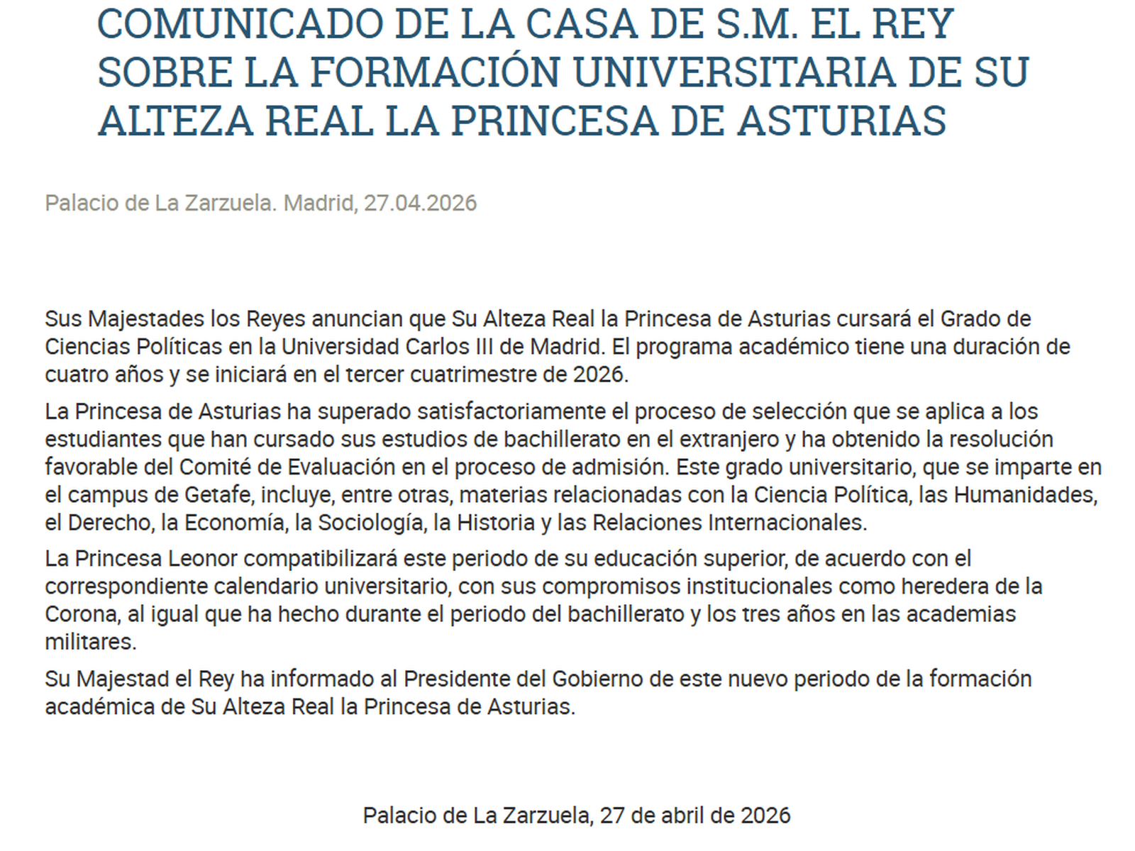 Comunicado sobre los futuros estudios de Leonor