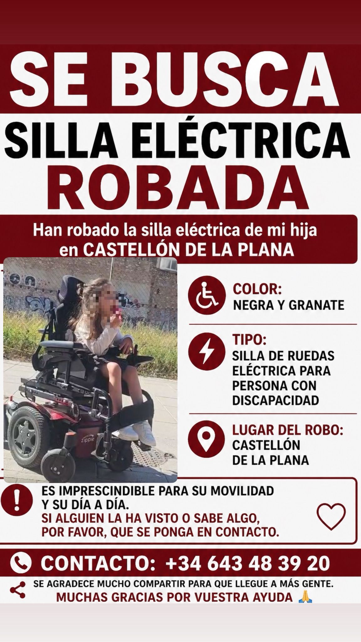 La madre ha compartido en redes sociales este cartel para localizar la silla