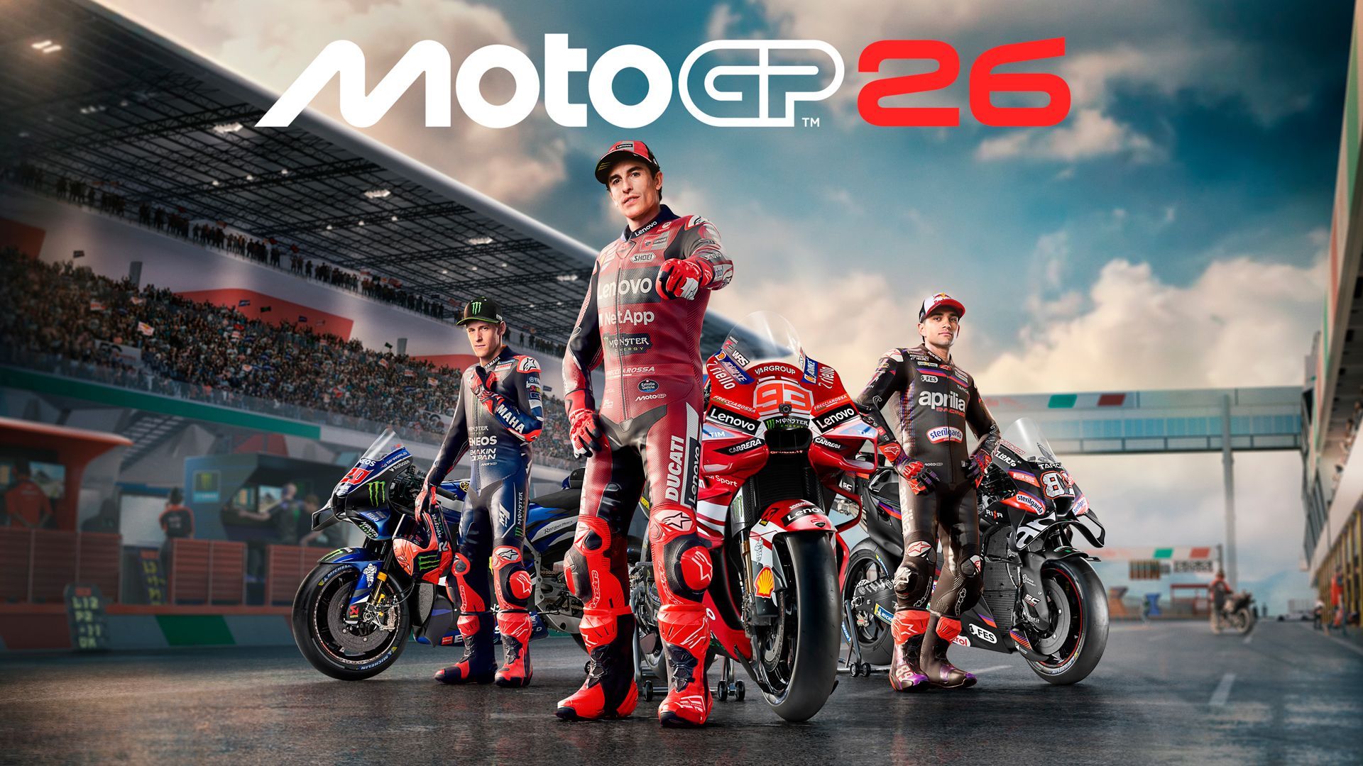 Marc Márquez, Jorge Martín y Fabio Quartararo en el videojuego MotoGP 26