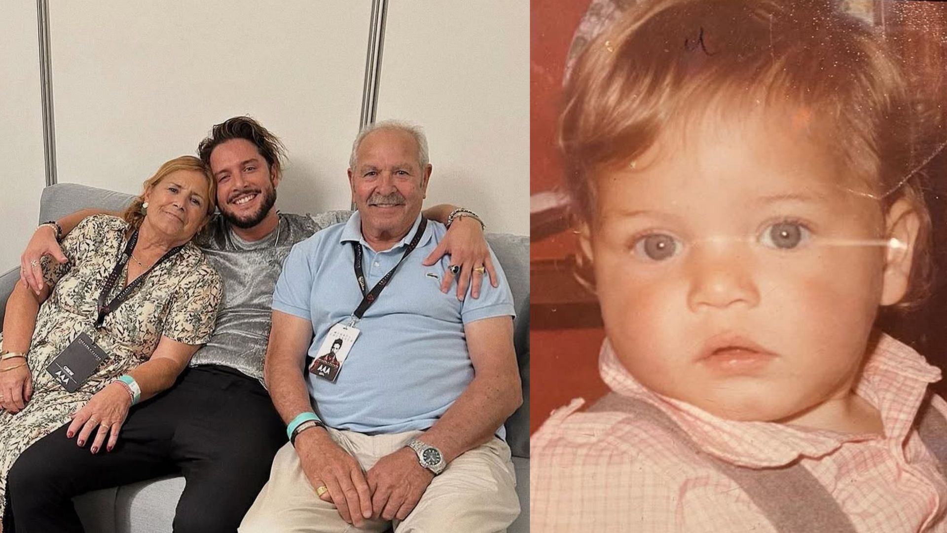 Montaje que incluye a Manuel Carrasco hoy con sus padres y una foto suya de bebé
