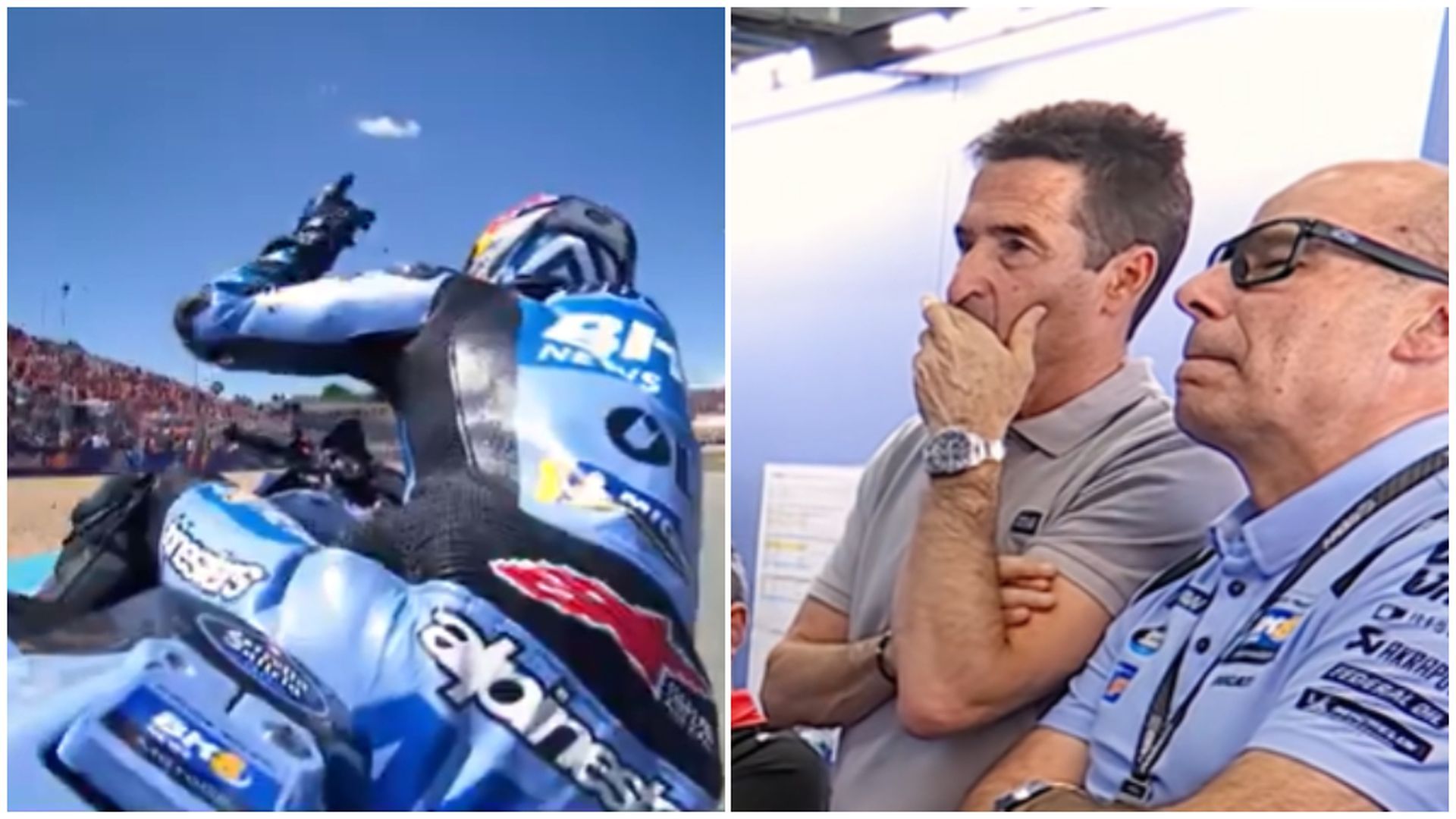 Álex Márquez saludando en Jerez y su padre sufriendo en el box