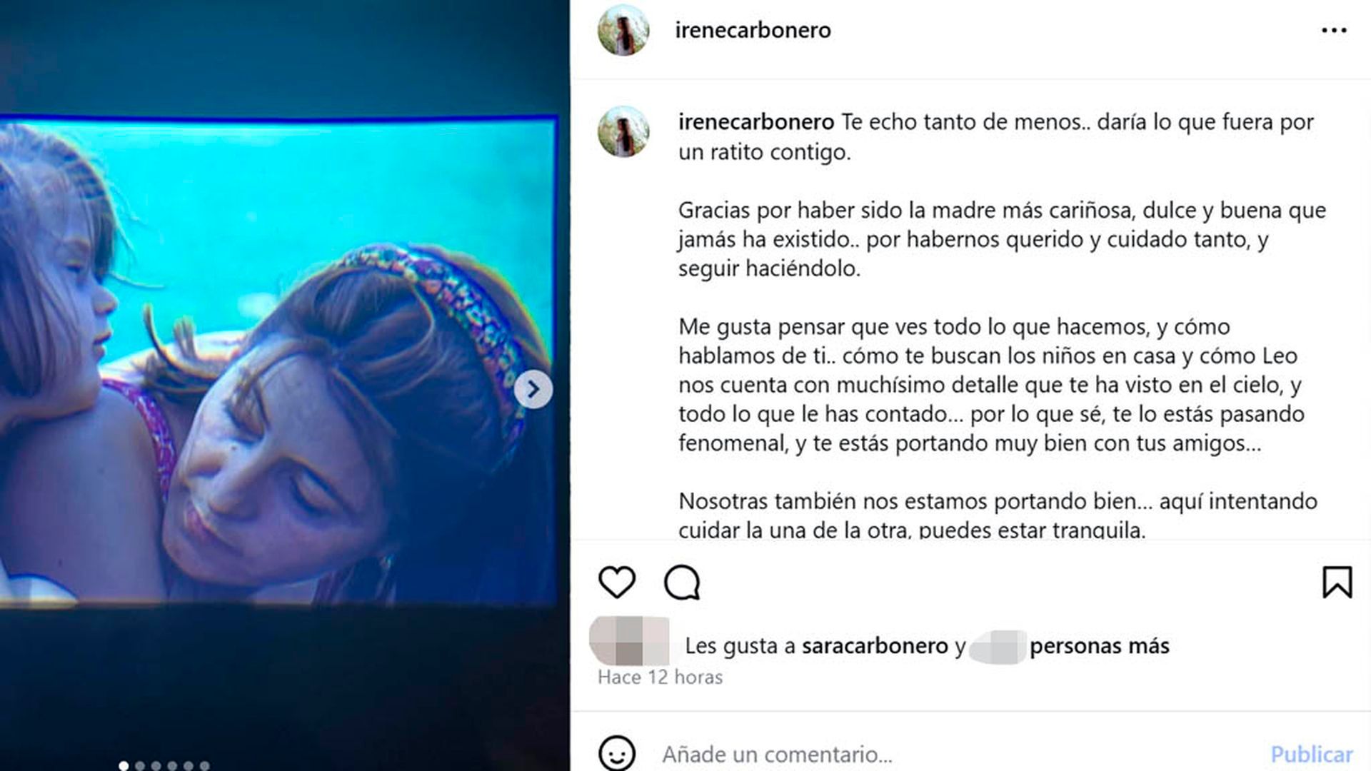 La carta que Irene Carbonero, la hermana de Sara Carbonero, ha escrito a su madre tras su muerte