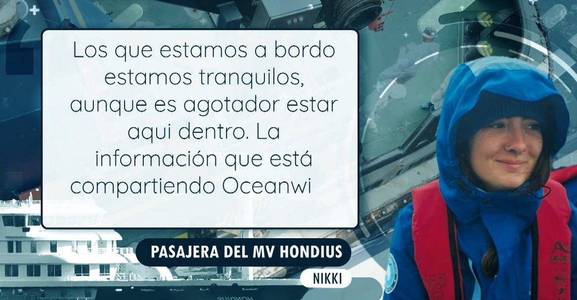 Una pasajera del crucero infectado por hantavirus: “Estamos tranquilos, pero es agotador estar aquí dentro”