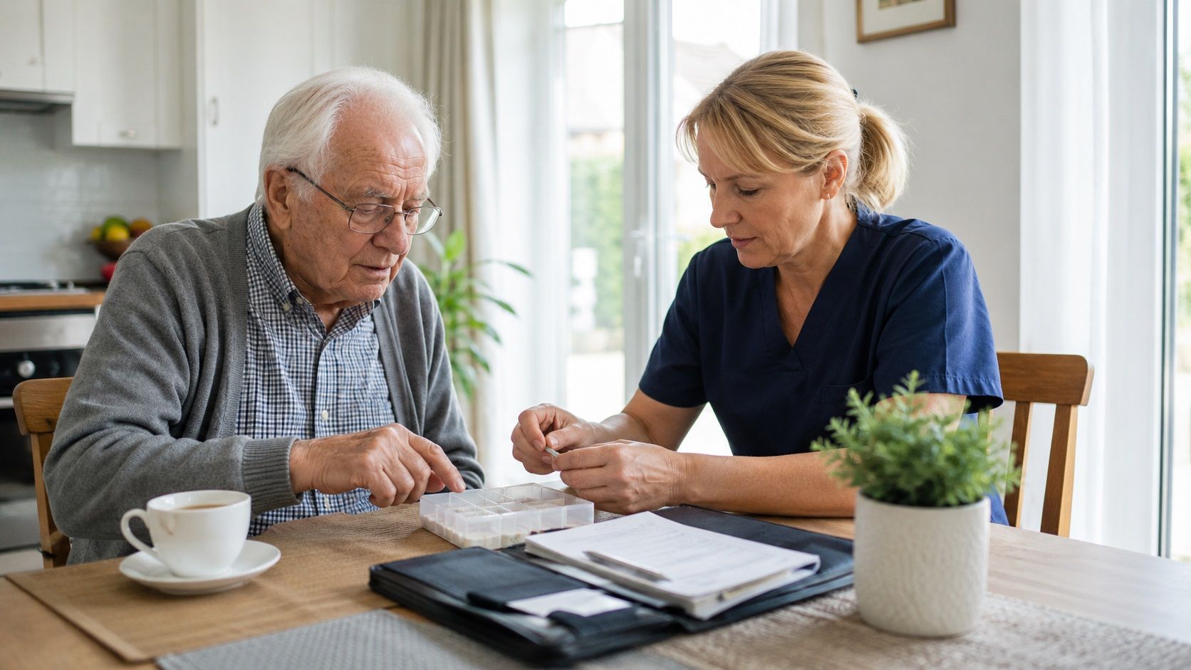 Ayudando a un anciano con su medicación