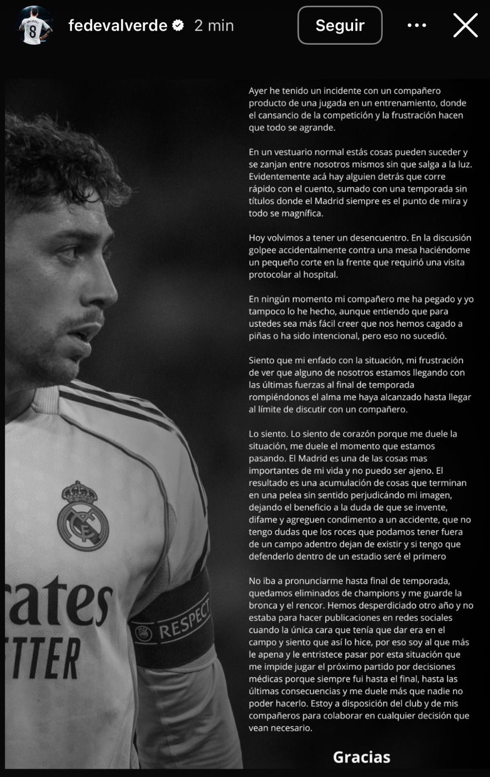 Comunicado de Fede Valverde tras su pelea con Tchouaméni