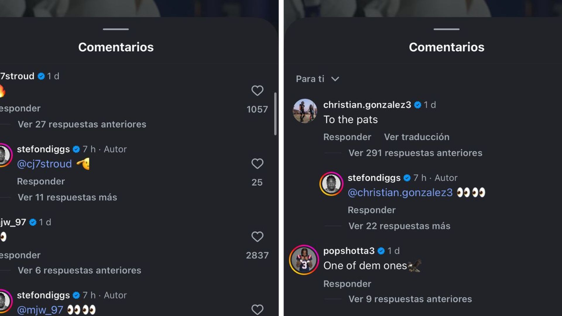 Los comentarios de jugadores de los Patriots a Stefon Diggs en Instagram