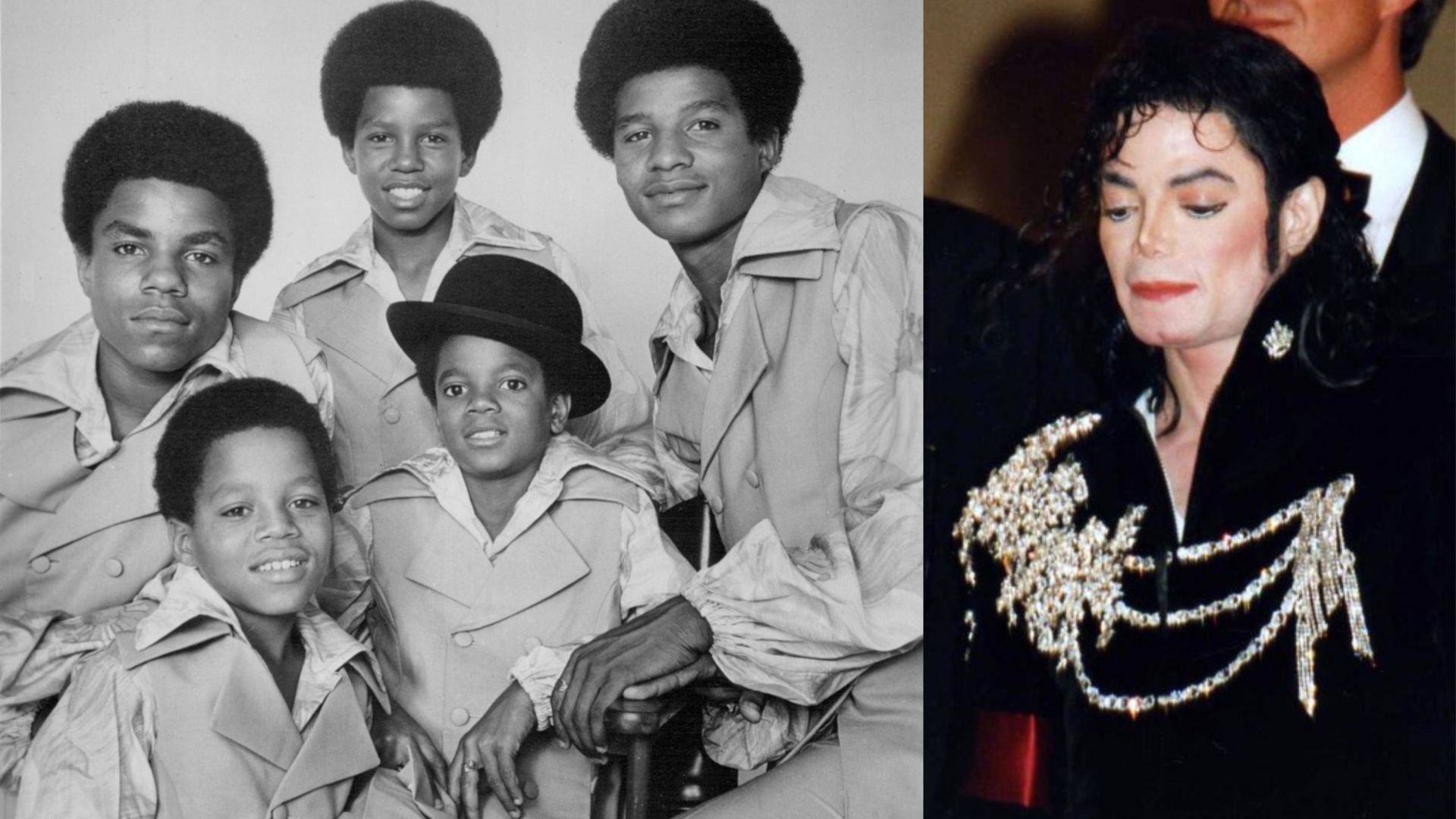 Montaje con The Jackson 5, con Michael en el centro y, a la derecha, Michael Jackson en Cannes, en 1997 Montaje con The Jackson 5, con Michael en el centro y, a la derecha, Michael Jackson en Cannes, en 1997