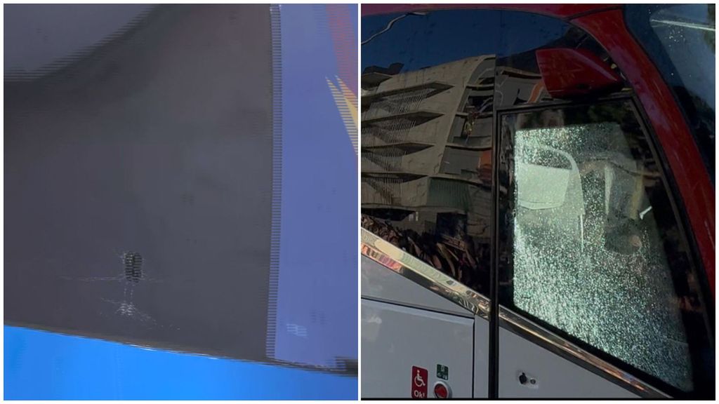 Las llegadas de Barça y Real Madrid terminan con las lunas de ambos autobuses rotas