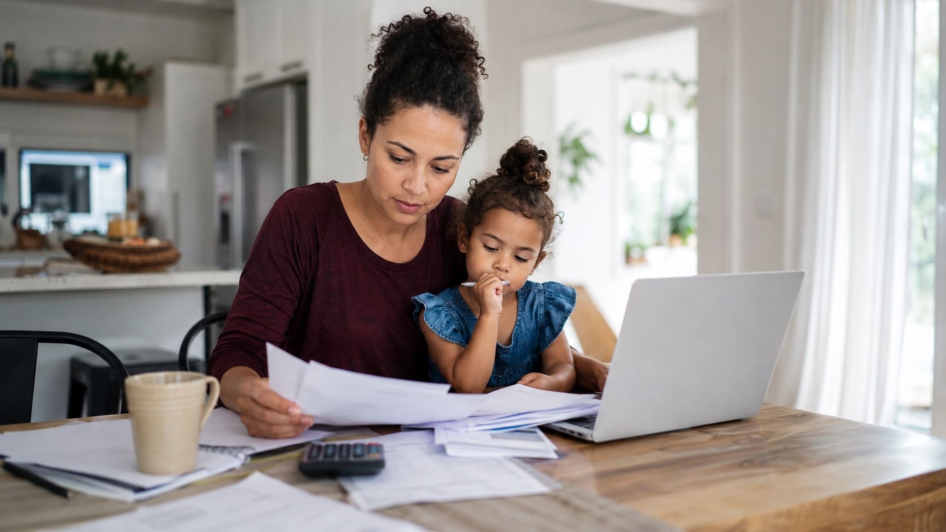 Una familia monoparental haciendo cuentas a final de mes Una familia monoparental haciendo cuentas a final de mes