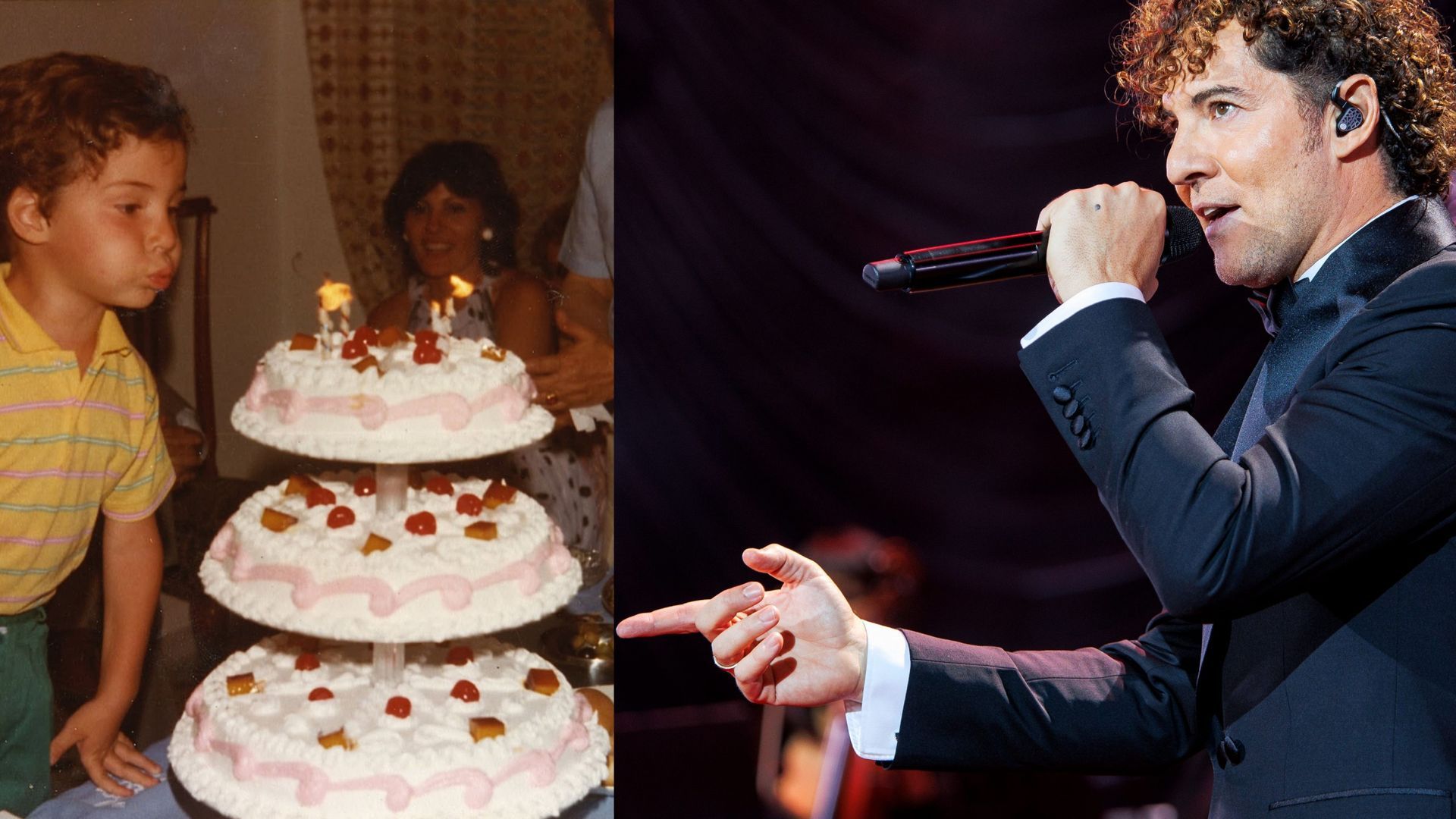 Fotomontaje con David Bisbal de niño soplando las velas y, a la derecha, en un concierto reciente