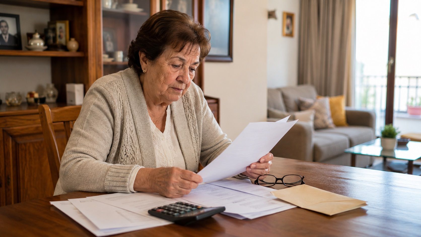 Una jubilada revisa si puede acceder a la pensión no contributiva de jubilación