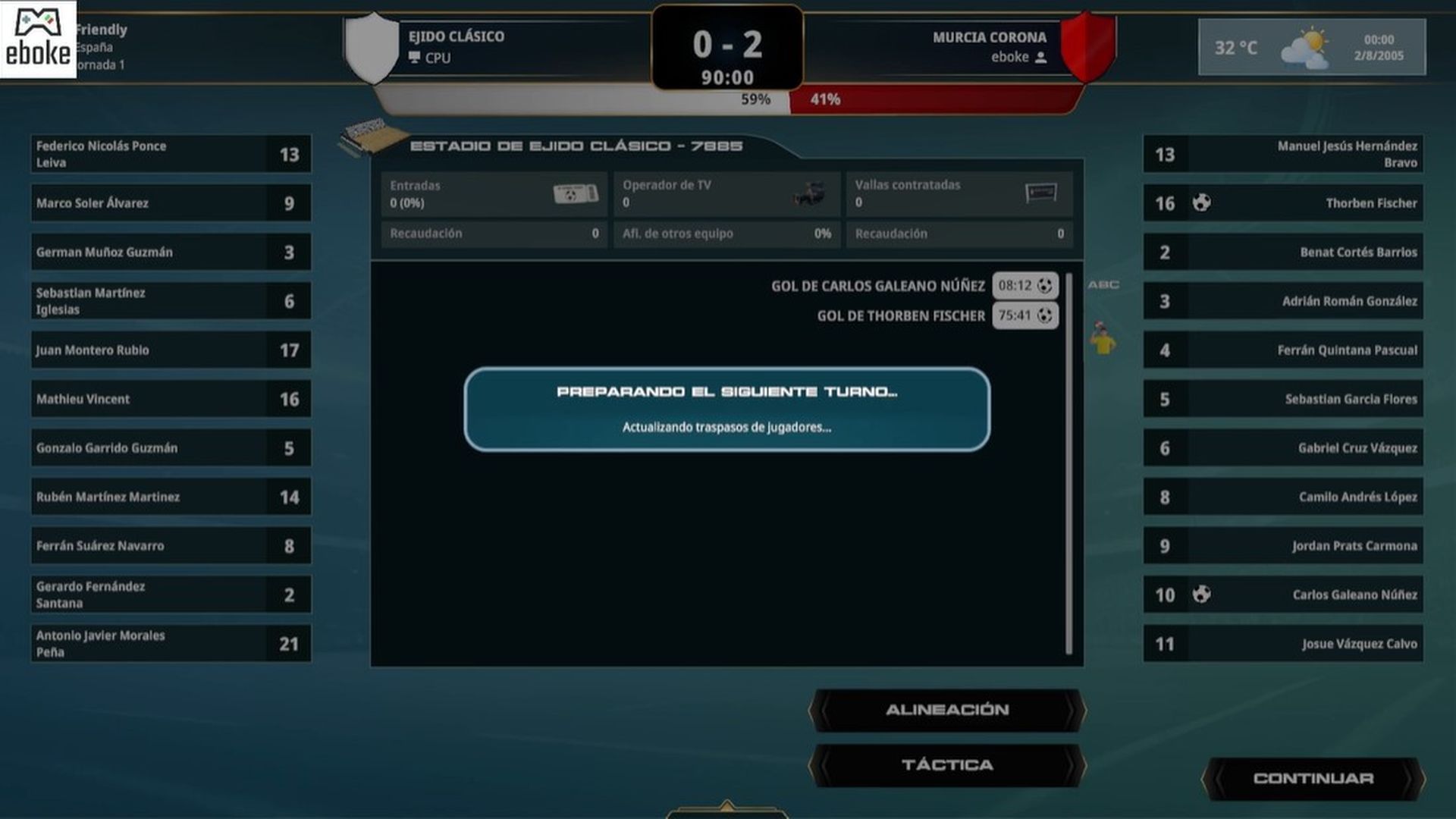Captura de la demo de PC Fútbol 8 jugada por Eboke Captura de la demo de PC Fútbol 8 jugada por Eboke