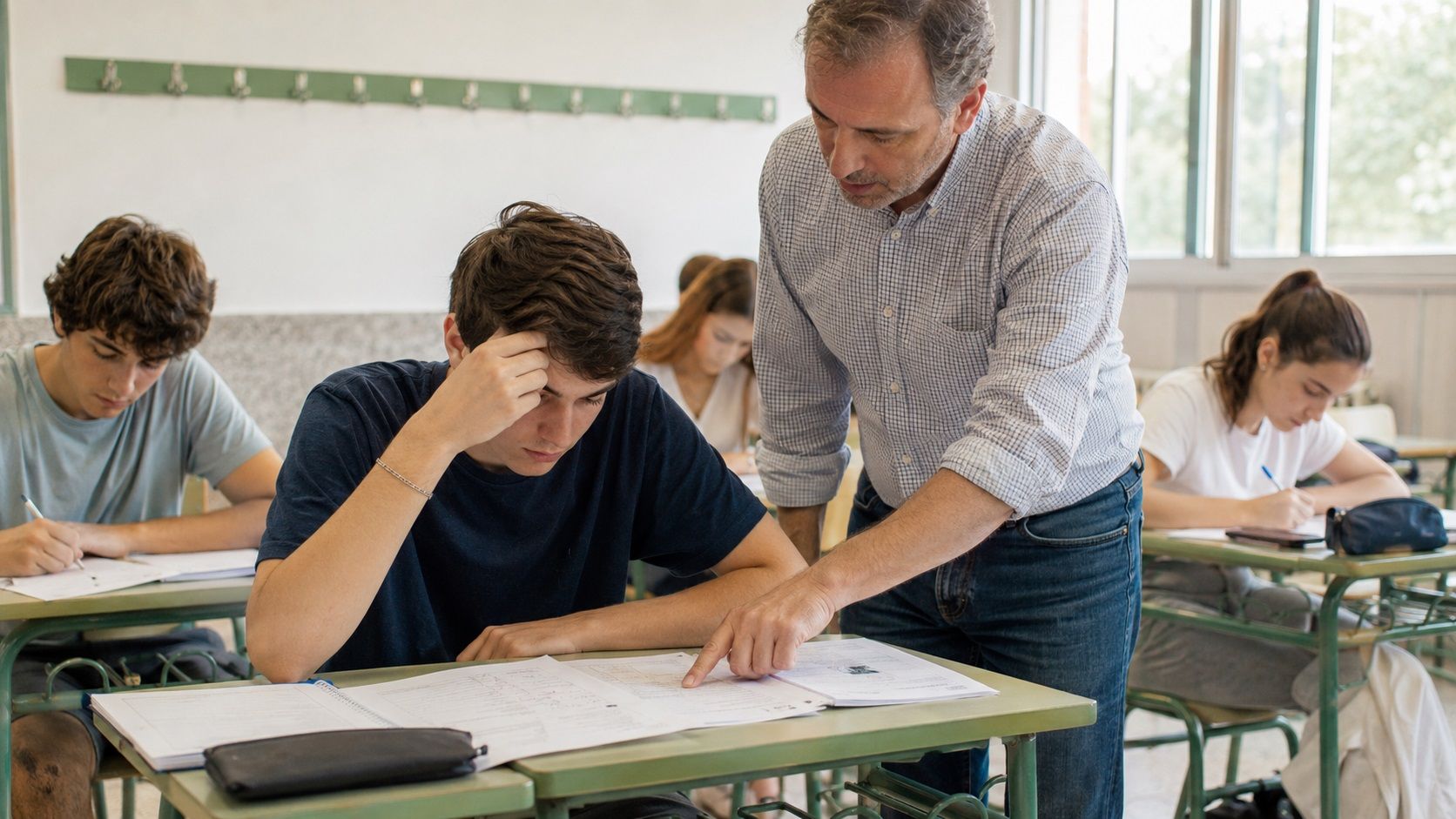 Un profesor ayudando a sus alumnos con el repaso de cara a la PAU