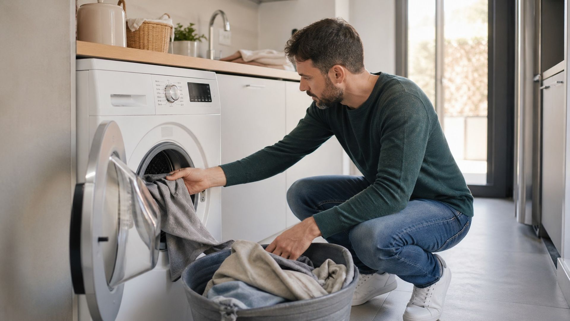 Hombre usando la lavadora, uno de los electrodomésticos más habituales Hombre usando la lavadora, uno de los electrodomésticos más habituales