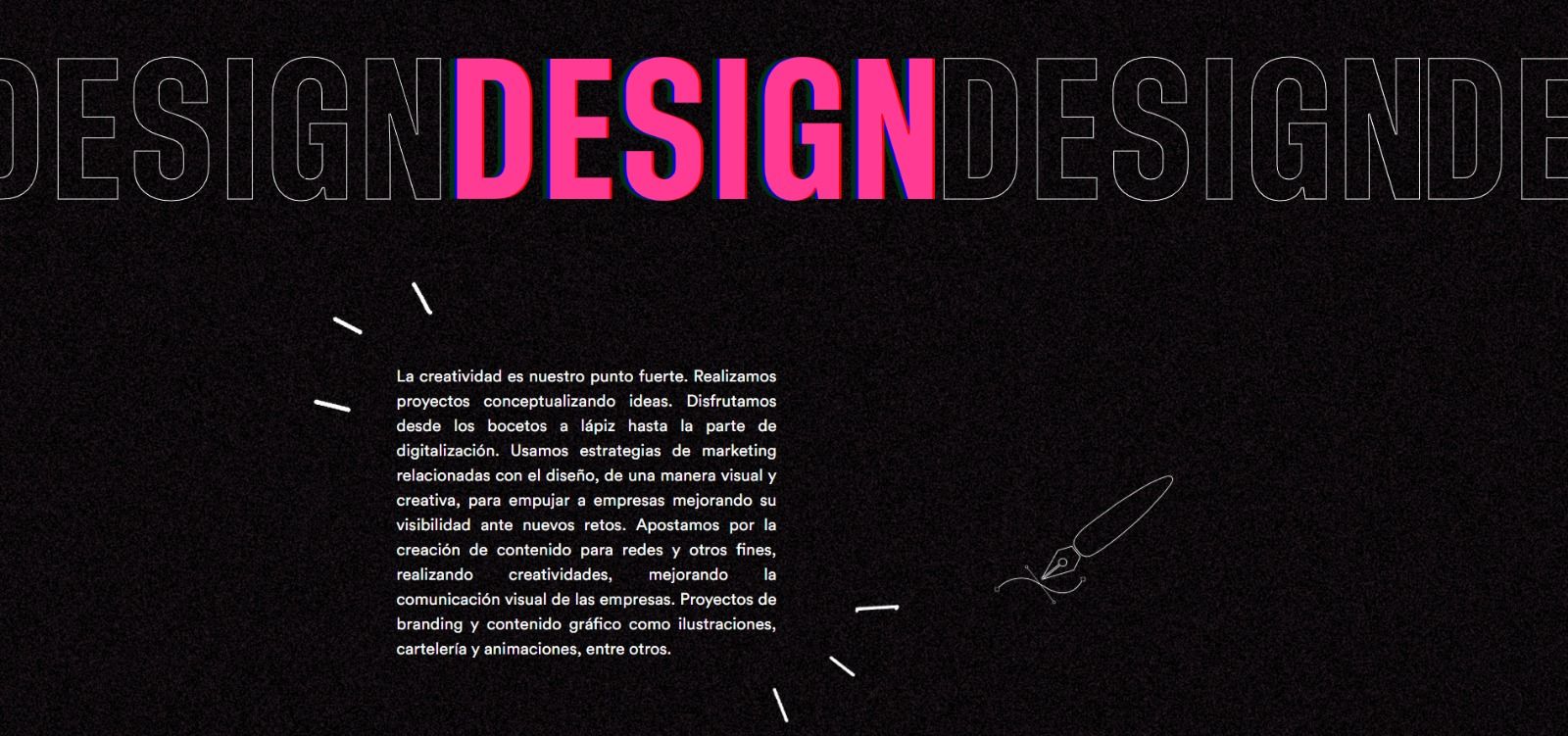 Pestaña dedicada al diseño, donde se explica que la creatividad es "nuestro punto fuerte"