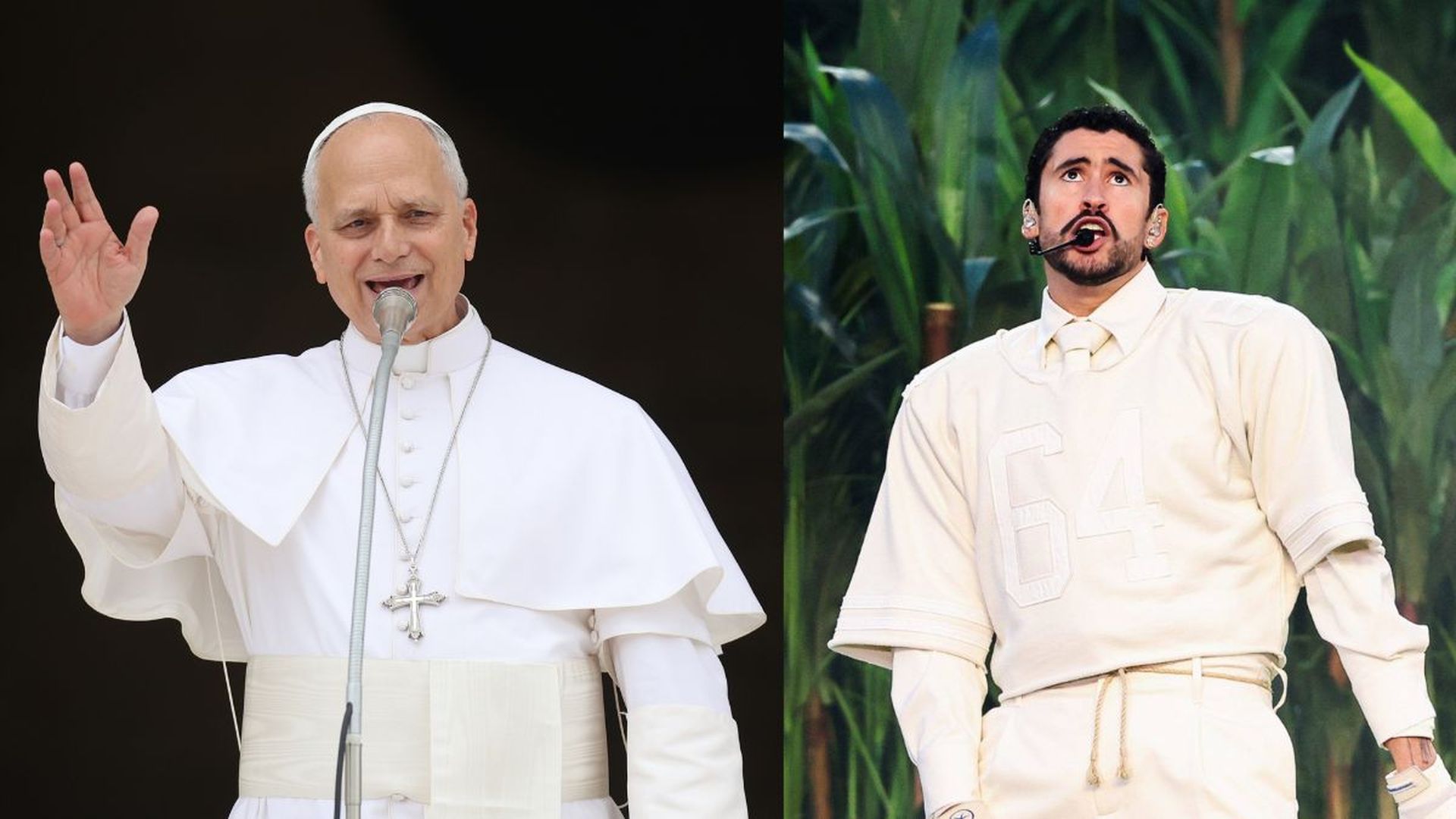 El Papa León XIV (d) y el cantante puertorriqueño, Bad Bunny (i)