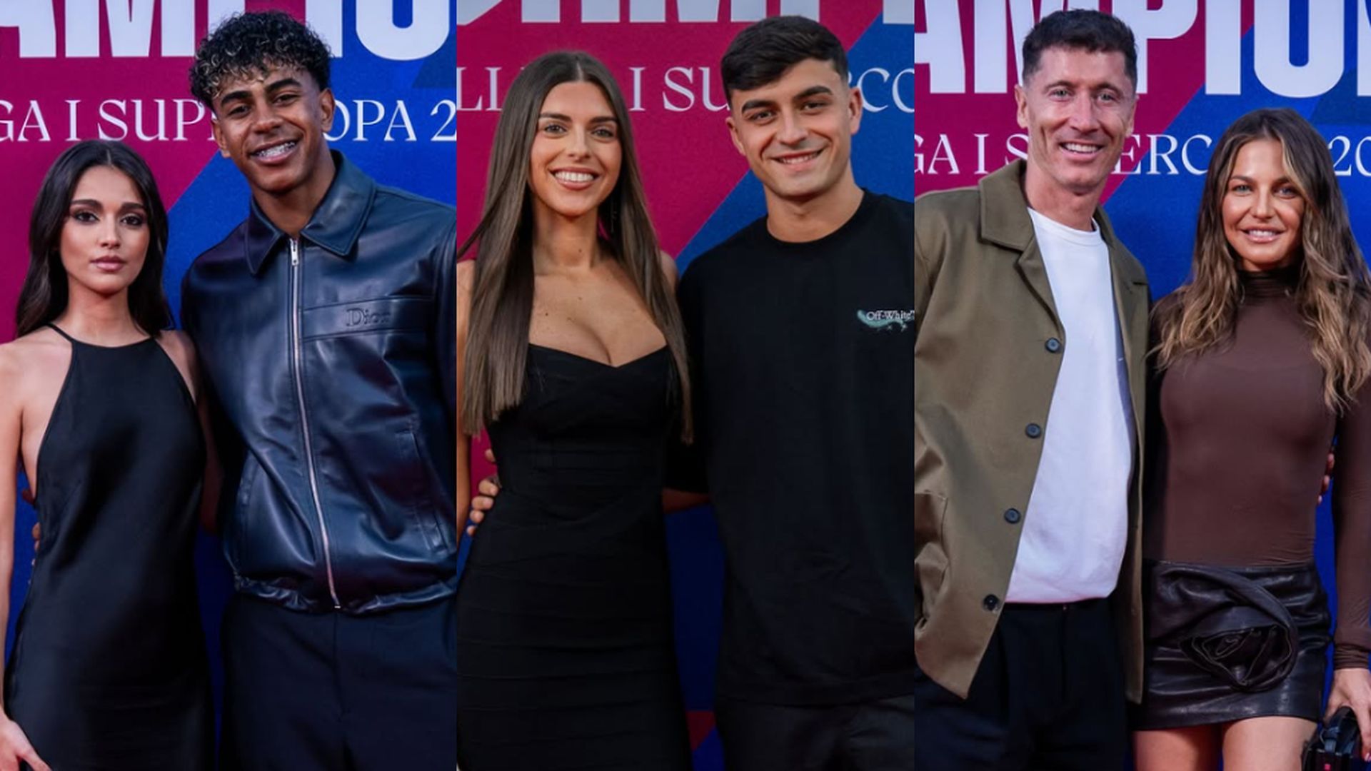 Lamine Yamal, Inés García, Pedri, Alejandra Dorta, Robert Lewandowski y Anna Lewandowska, en la alfombra roja de la fiesta del Barcelona