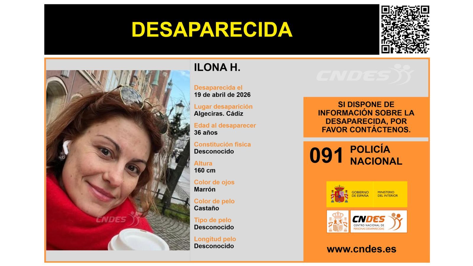 El cartel de búsqueda de Ilona Hunkova difundido por el CNDES