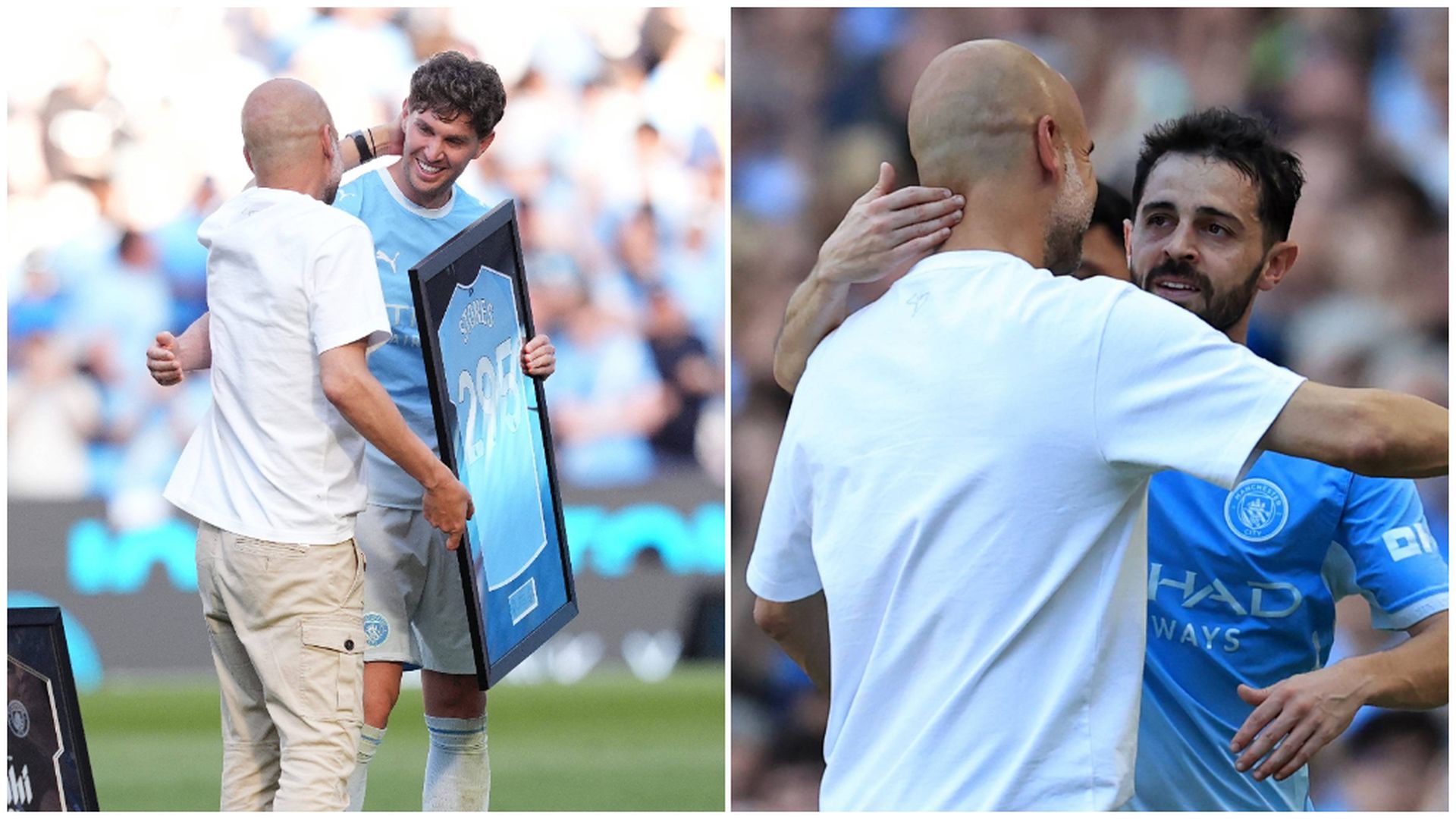 Guardiola, con Bernardo Silva y Stones