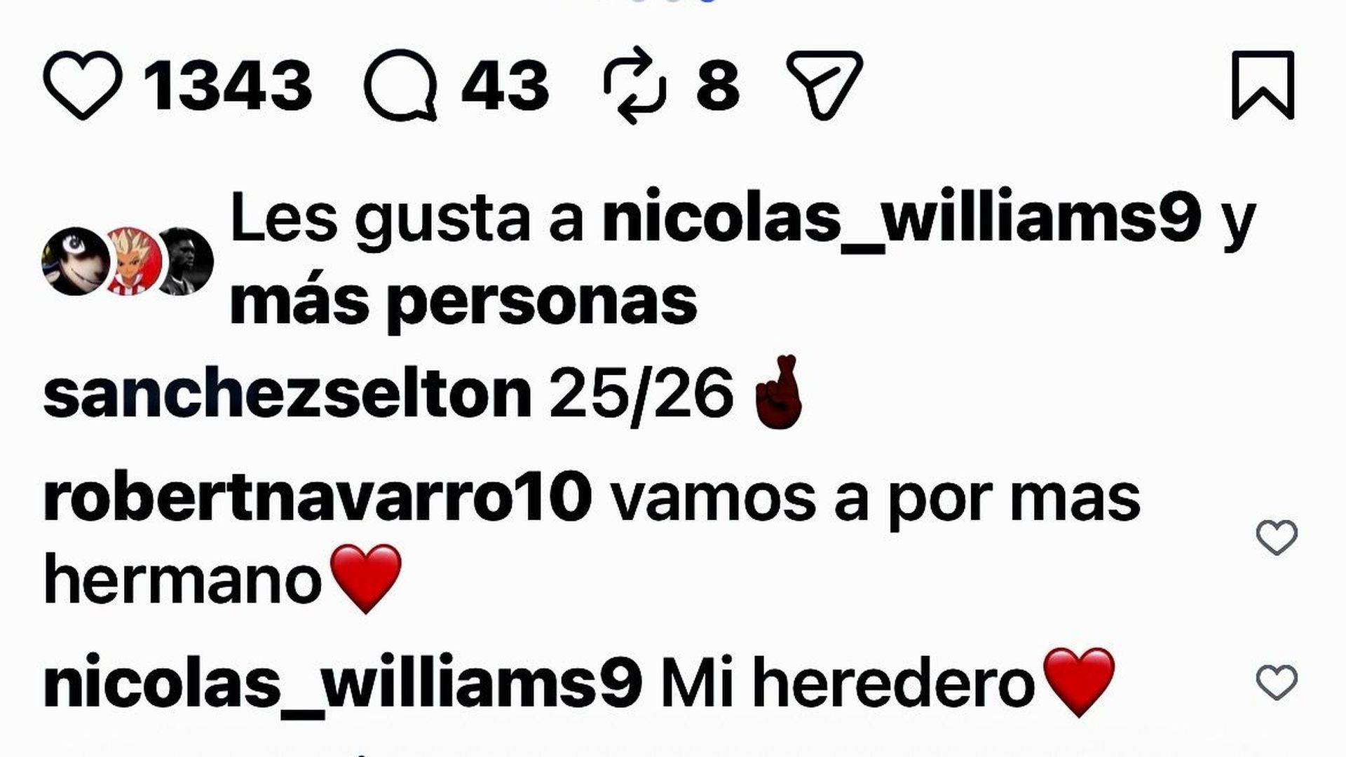 Comentario de Nico Williams a Selton Sánchez en su cuenta personal