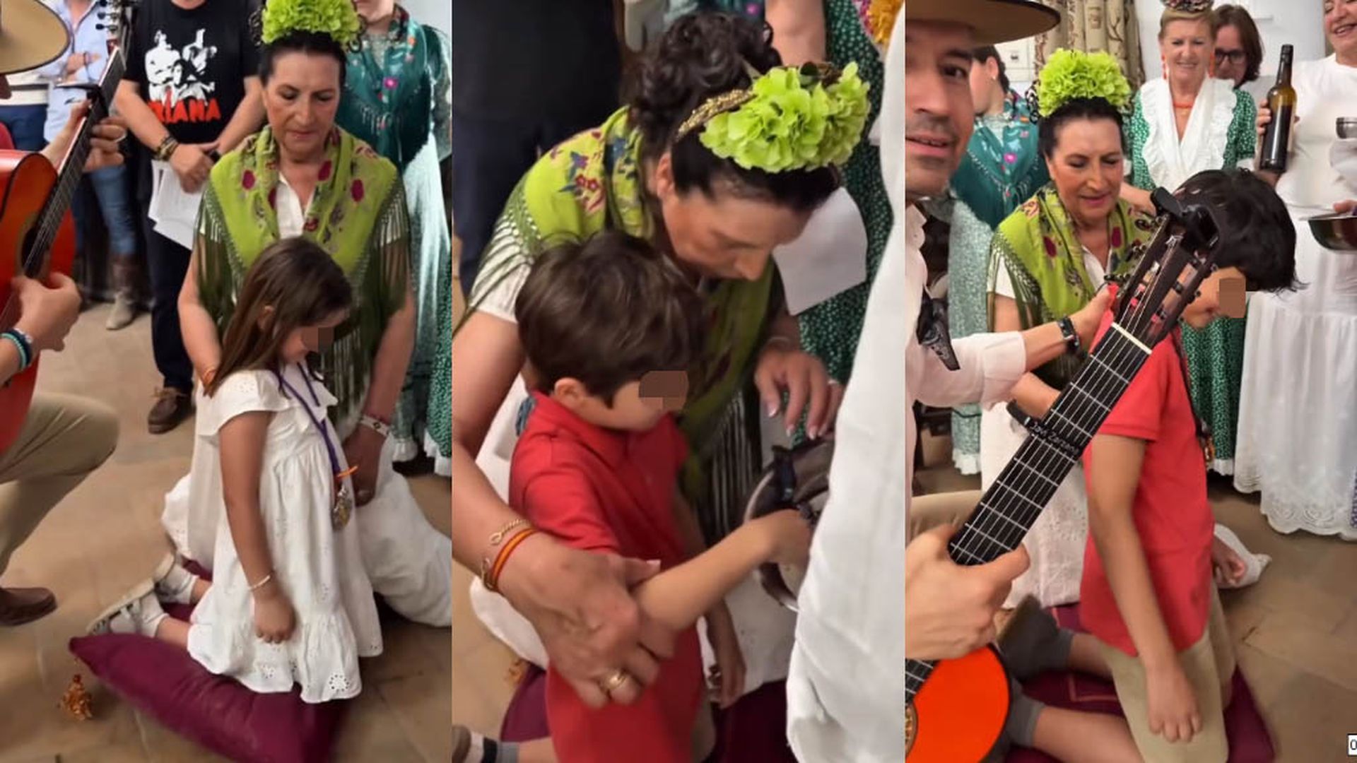 Los tres hijos de Beatriz Trapote, mientras reciben el bautizo en El Rocío