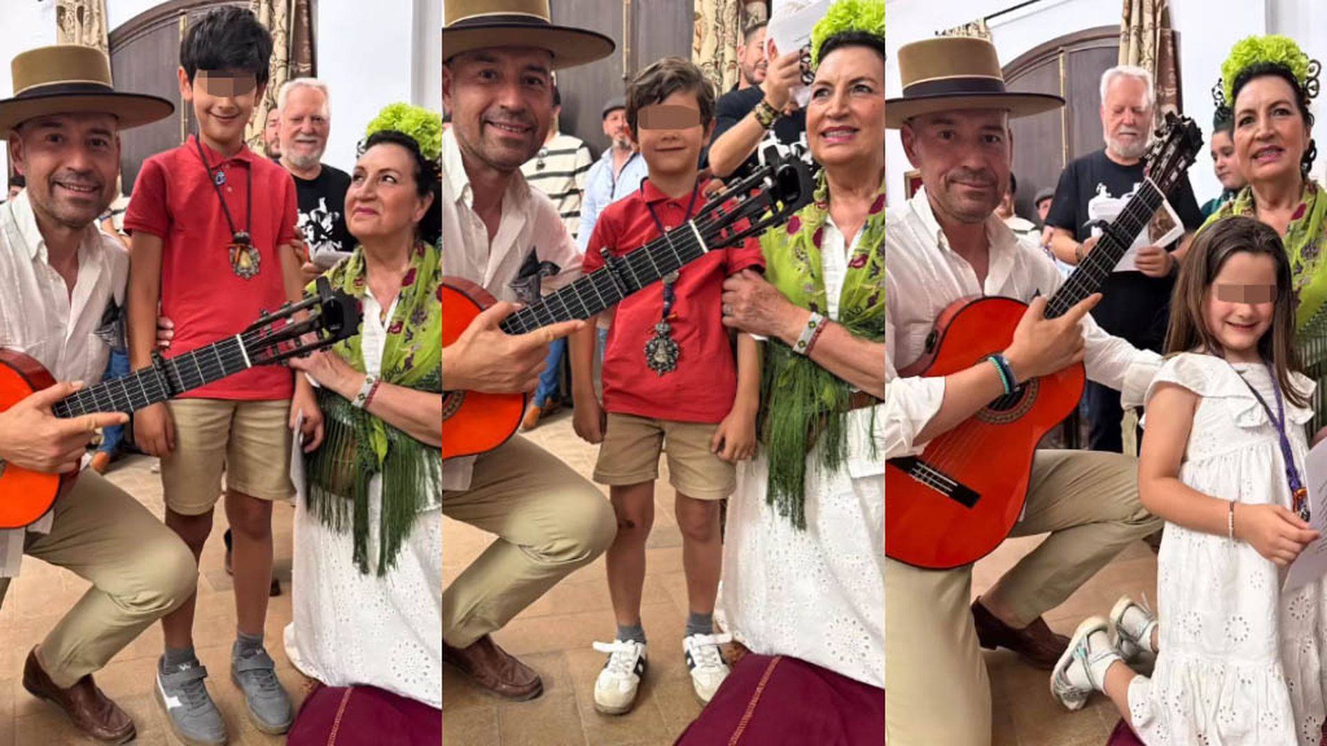 Víctor, Oliver y Brenda, los tres hijos de Beatriz Trapote y Víctor Janeiro, tras ser bautizados en El Rocío