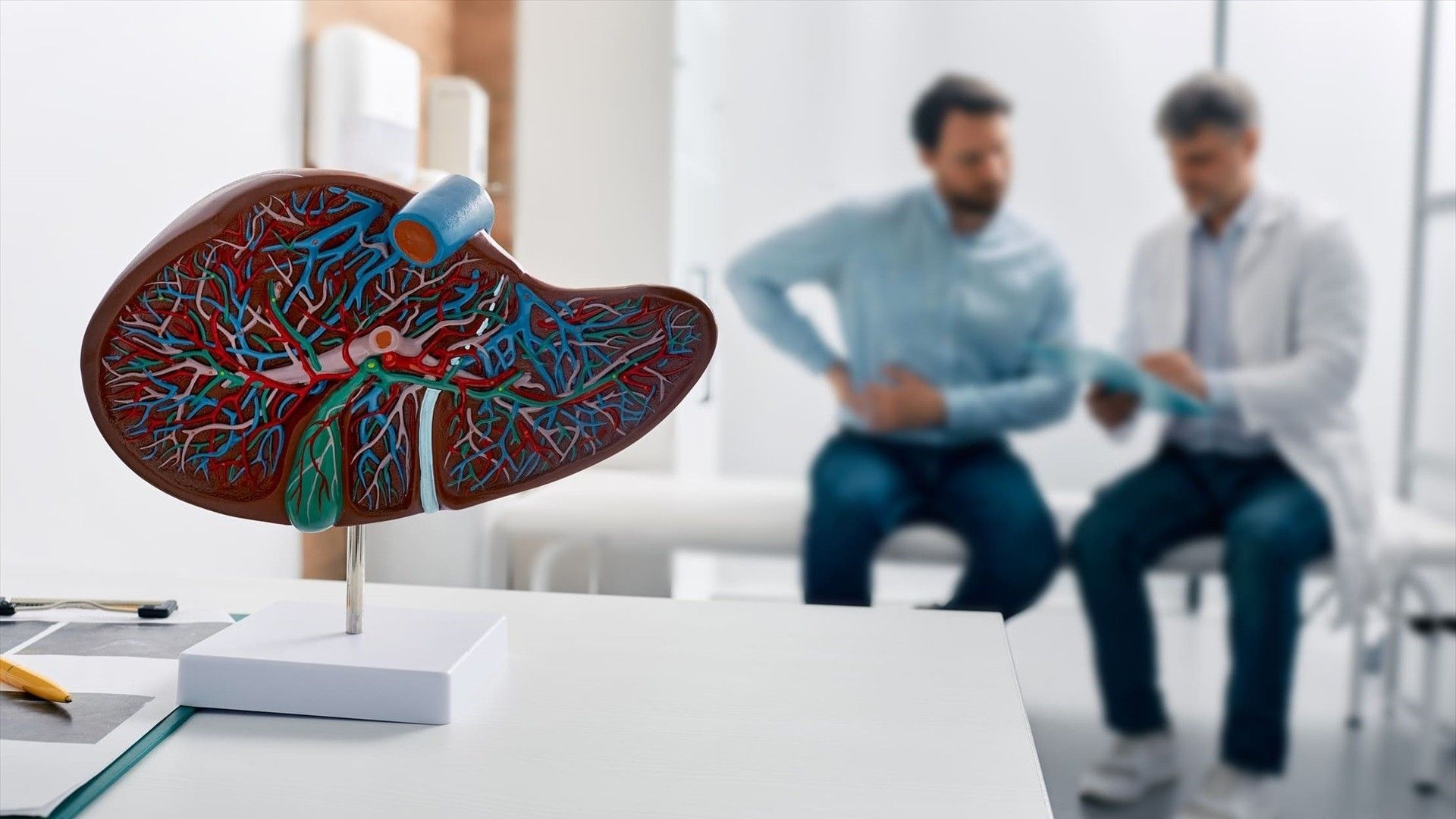 Vista de una maqueta de un hígado, junto a un médico y un paciente Vista de una maqueta de un hígado, junto a un médico y un paciente