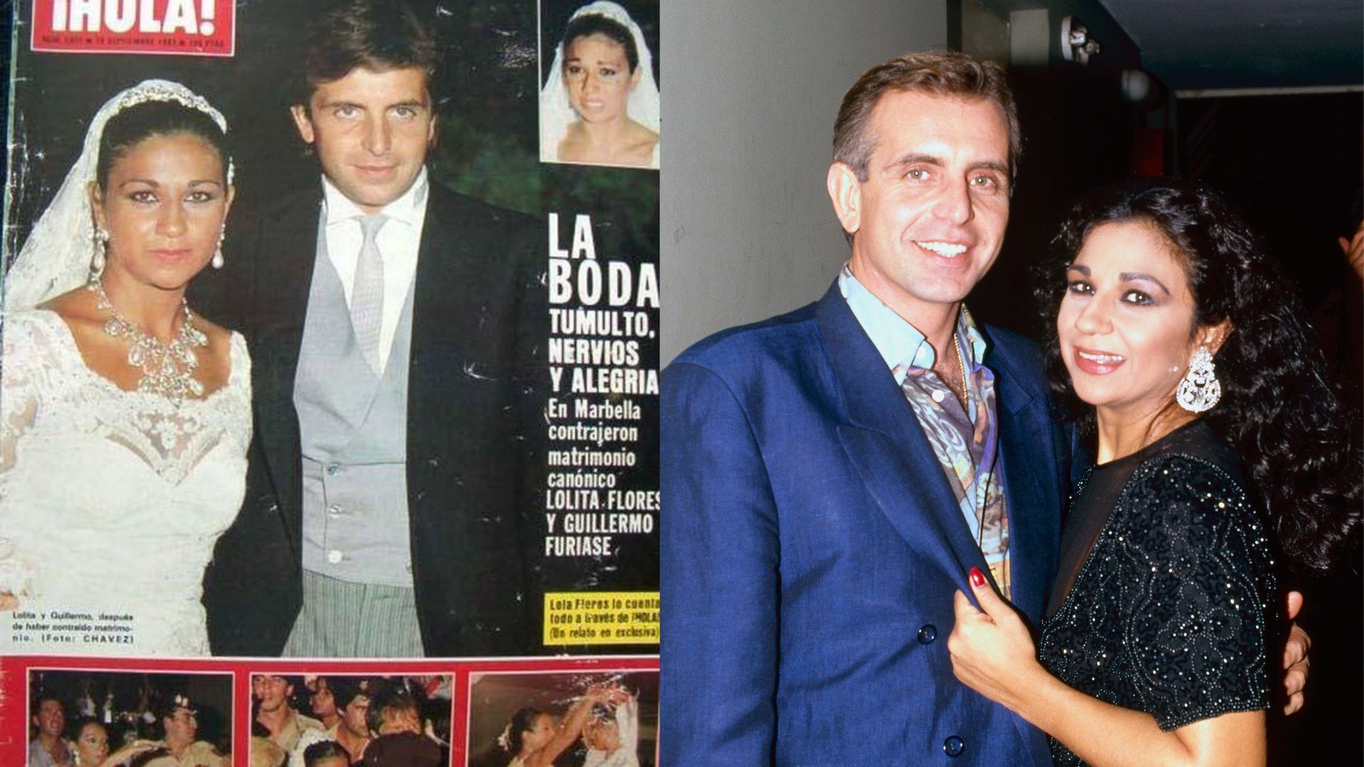 Fotomontaje con la portada de la revista '¡Hola!' que mostraba la boda de Lolita y Guillermo y, a la derecha, la pareja en 1993 Fotomontaje con la portada de la revista '¡Hola!' que mostraba la boda de Lolita y Guillermo y, a la derecha, la pareja en 1993