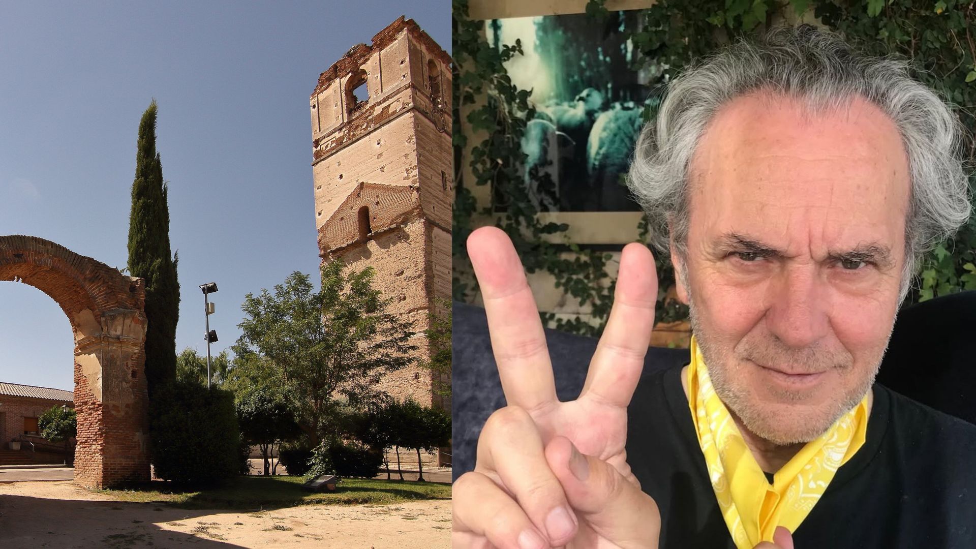 Fotomontaje con las ruinas de la iglesia de San Andrés, en Casarrubios del Monte, y José Coronado en 2024, reivindicando la lucha contra el cáncer infantil Fotomontaje con las ruinas de la iglesia de San Andrés, en Casarrubios del Monte, y José Coronado en 2024, reivindicando la lucha contra el cáncer infantil